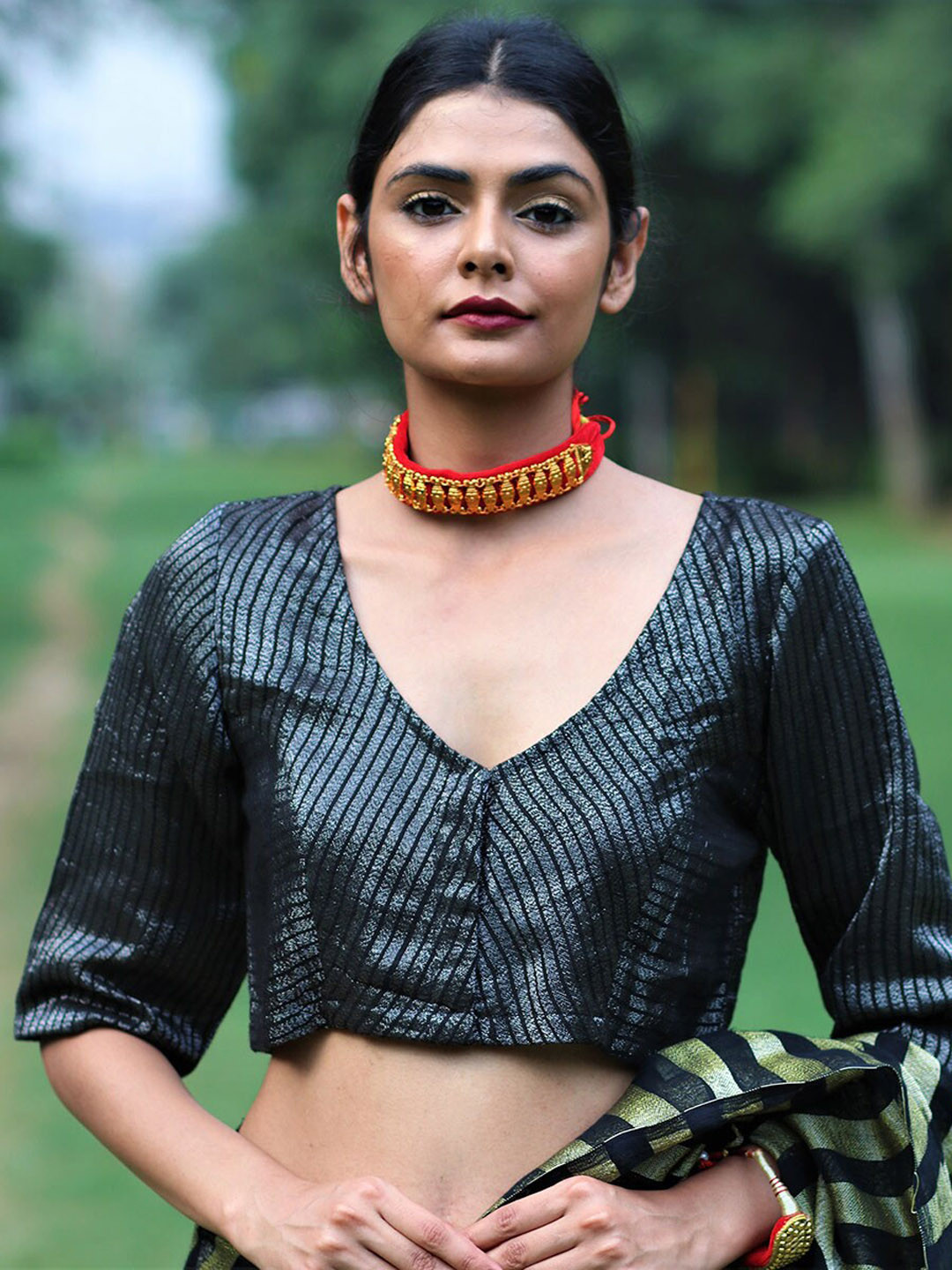 

Chidiyaa Women Black Hand Woven Design Readt to Wear Saree Blouse