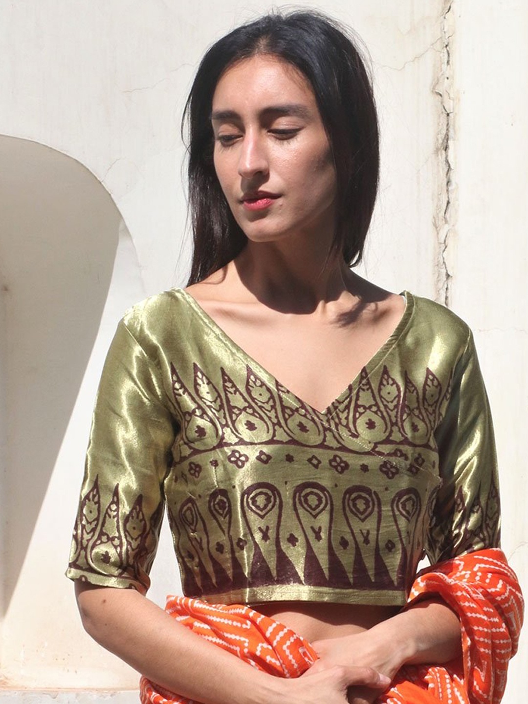 

Chidiyaa Women Green & Brown Printed Saree Blouse