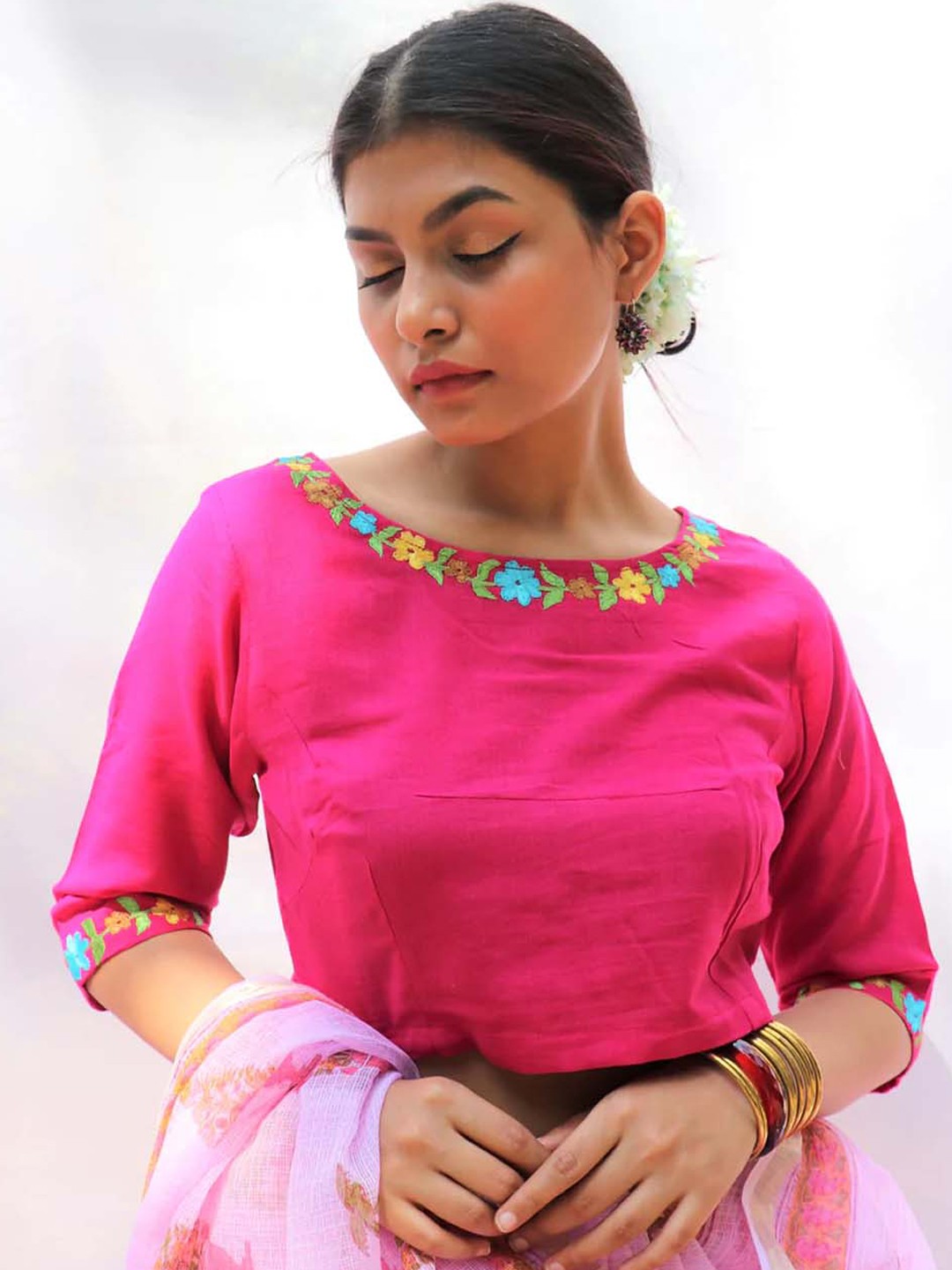 

Chidiyaa Women Hand-Embroidered Handwoven Cotton Blouse, Pink