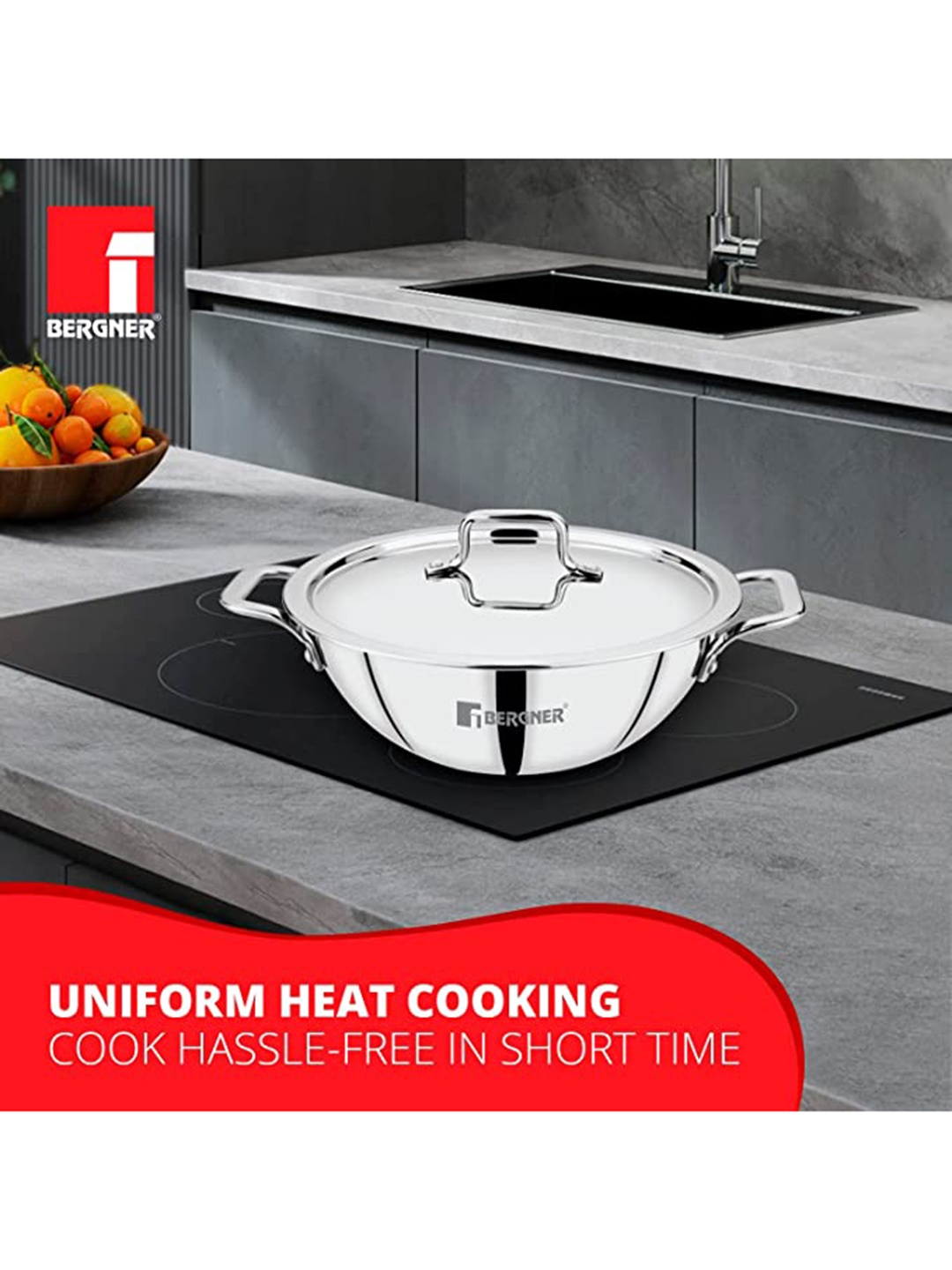 

Bergner TriPro TriPly Stainless Steel 20 cm (1.9 L)Induction Bottom Kadai with Steel Lid, Silver