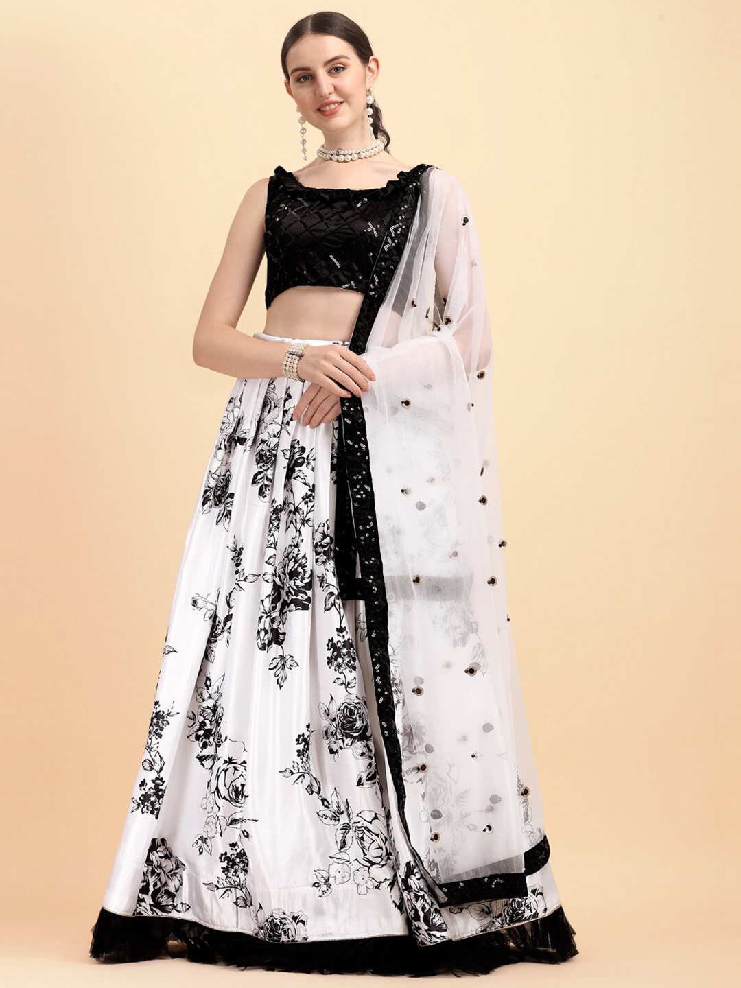 

Fab Viva White & Black Printed Sequinned Semi-Stitched Lehenga & Unstitched Blouse With Dupatta