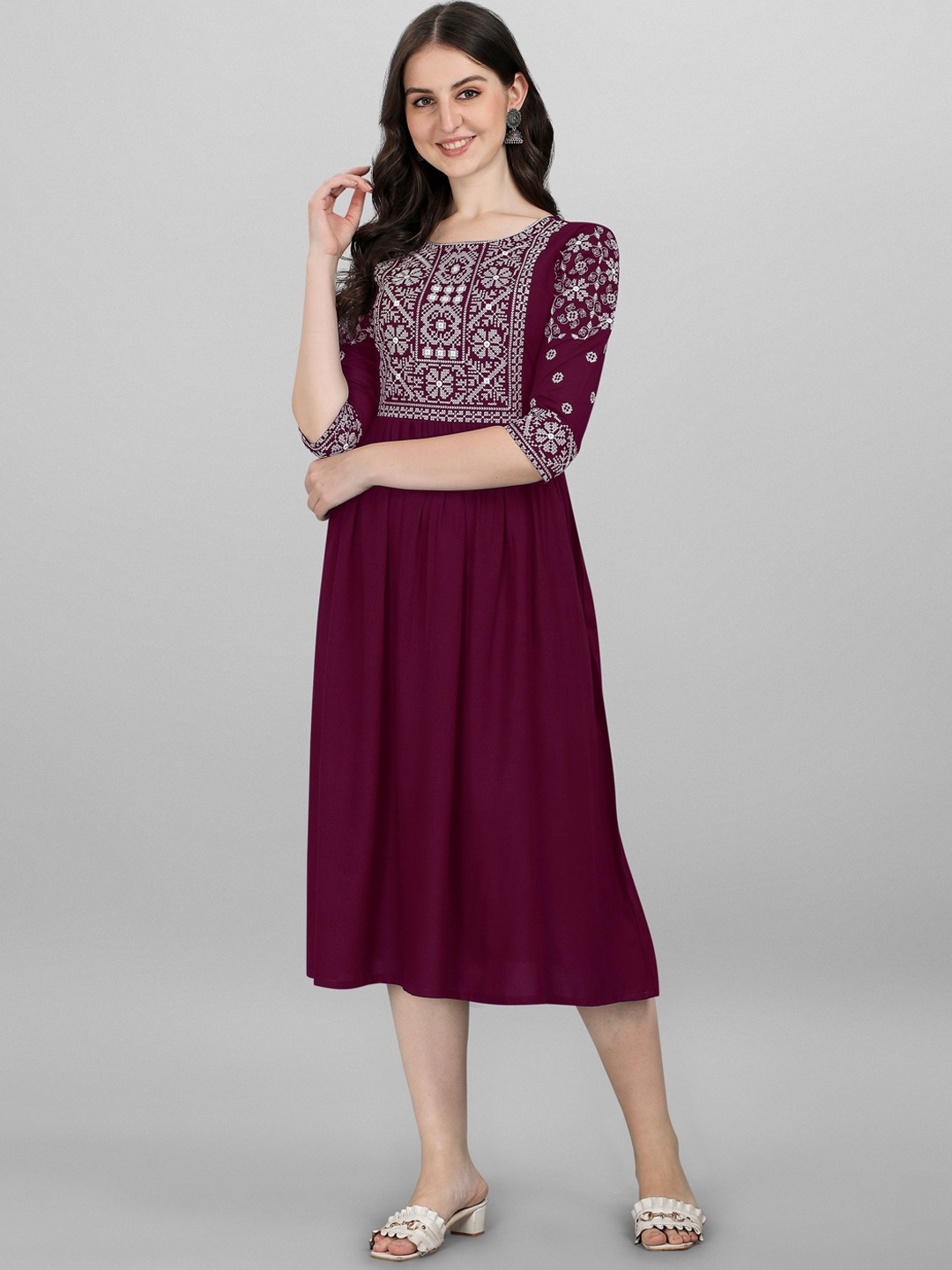 

FabFairy Purple & White Embroidered Midi Dress
