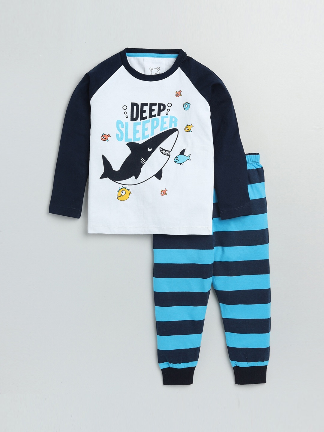 

Lazy Shark Boys White & Blue Printed Night suit