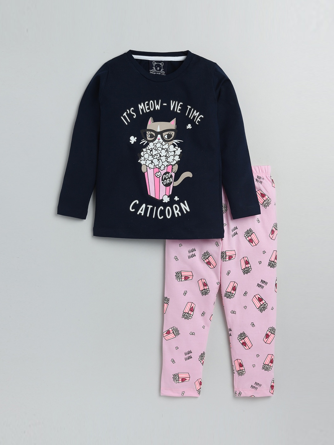 

Lazy Shark Girls Navy Blue & Pink Printed Night suit