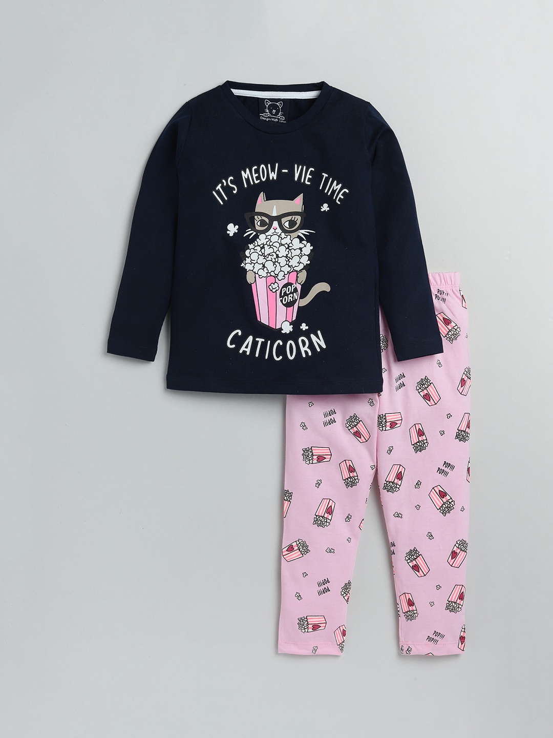 

Lazy Shark Girls Navy Blue & Pink Printed Night suit