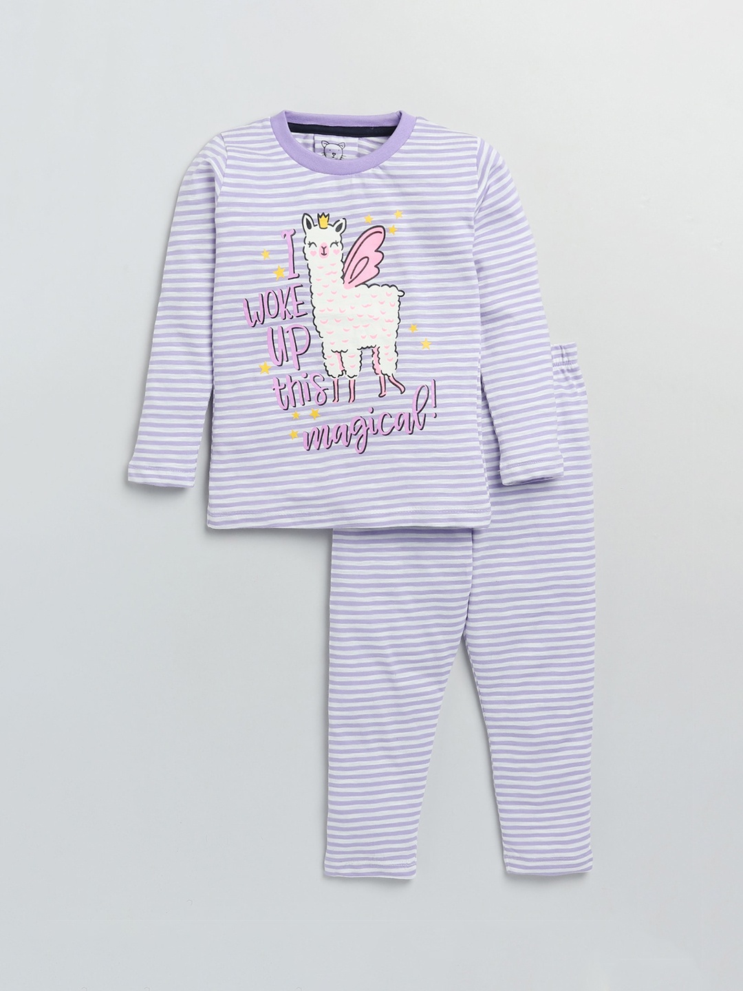 

Lazy Shark Girls Purple & White Striped Full Sleeve Night suit