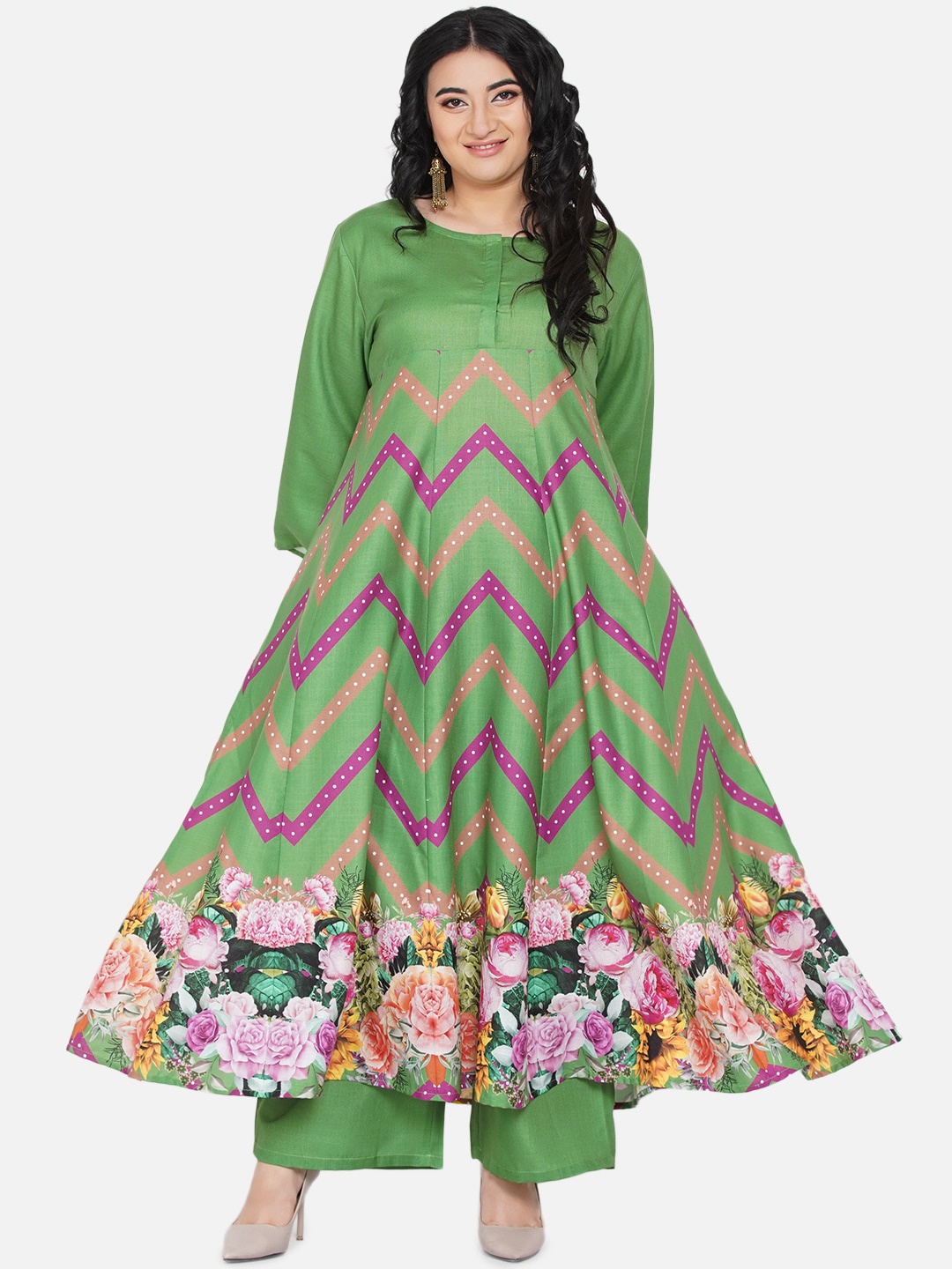

Love More Women Green Floral Printed Pleated Kurta with Palazzos