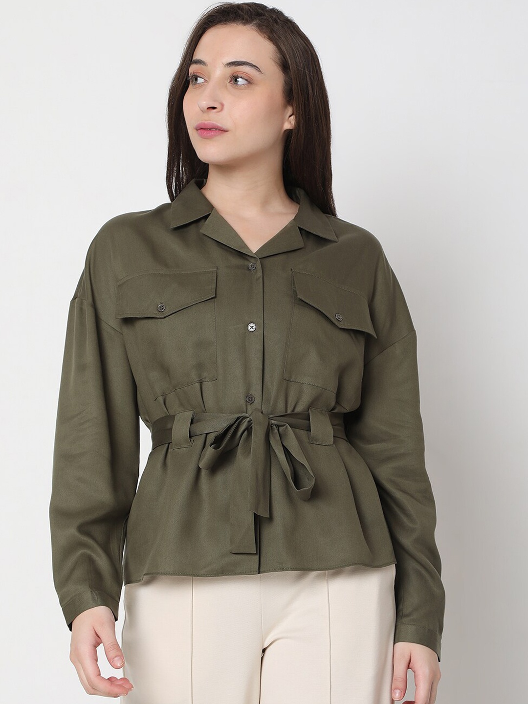 

Vero Moda Women Green Belted Casual Shirt