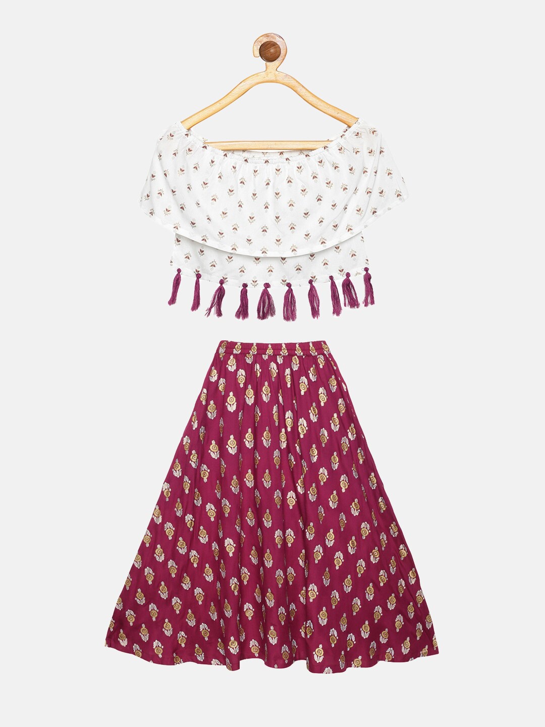 

KiddoPanti Girls Off White & Maroon Printed Foil Print Ready to Wear Lehenga