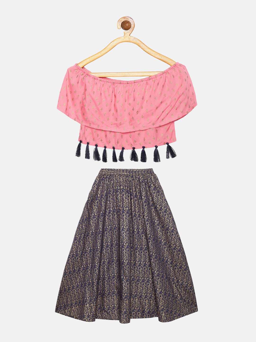 

KiddoPanti Girls Peach-Coloured & Navy Blue Printed Ready to Wear Lehenga Choli