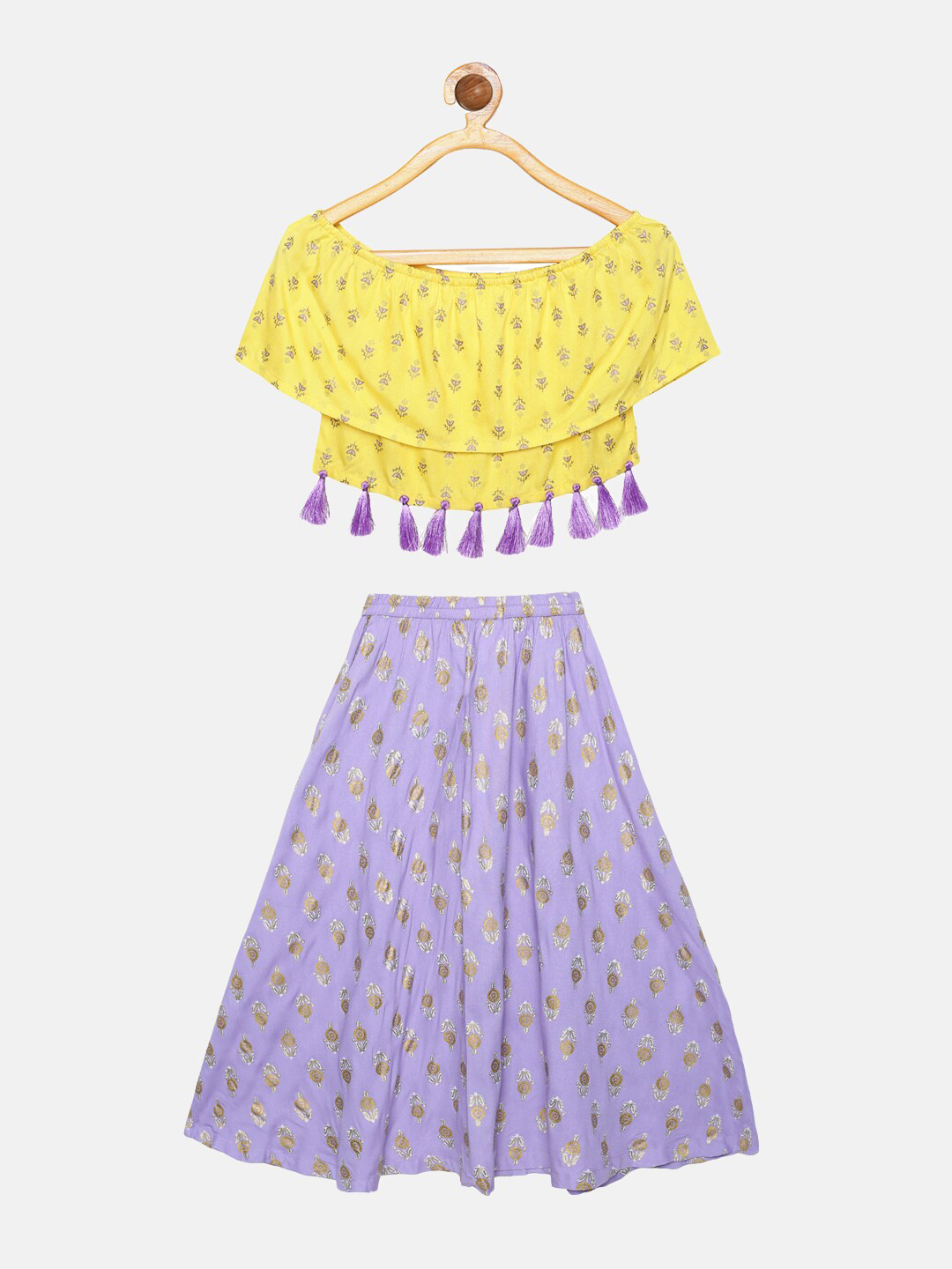 

KiddoPanti Girls Yellow & Purple Printed Ready to Wear Lehenga & Choli