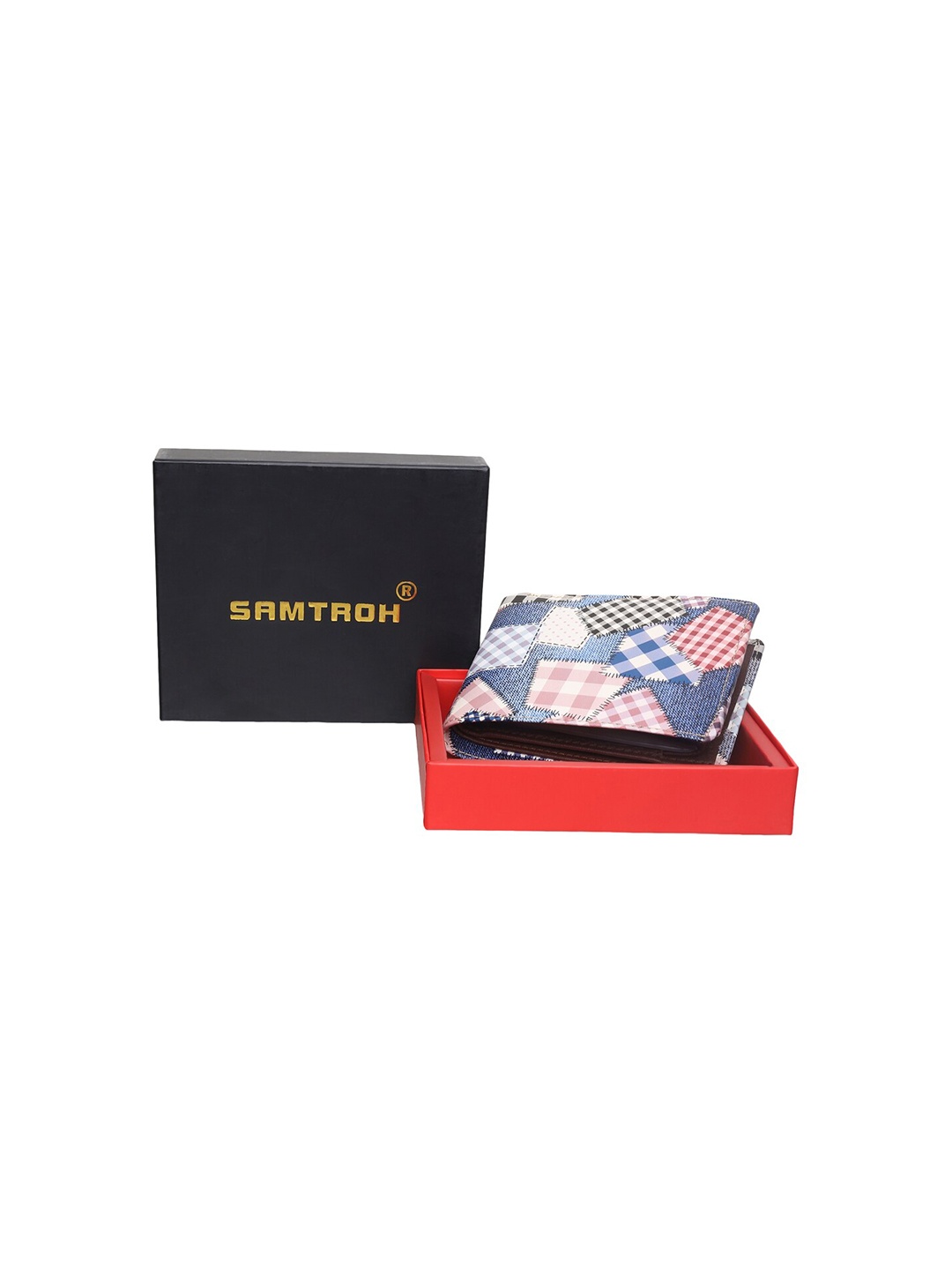 

SAMTROH Unisex Blue & Red Printed Zip Detail PU Two Fold Wallet