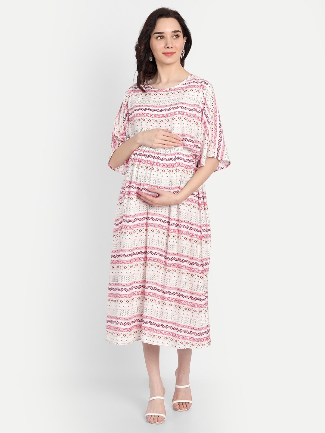 

Aaruvi Ruchi Verma White & Red Ethnic Motifs Maternity Midi Dress