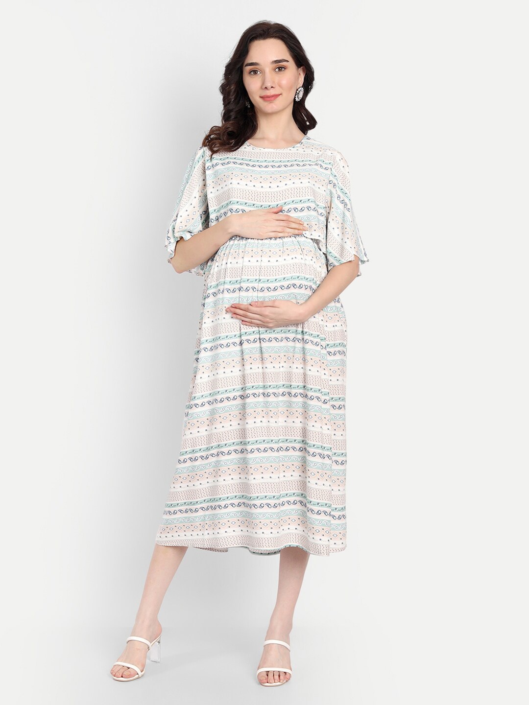 

Aaruvi Ruchi Verma White & Blue Printed Maternity Midi Dress
