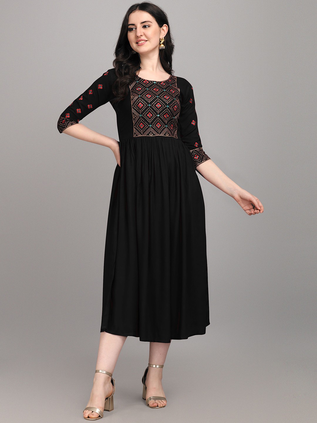 

FabFairy Women Black Floral Yoke Design Thread Work Ethnic Dress