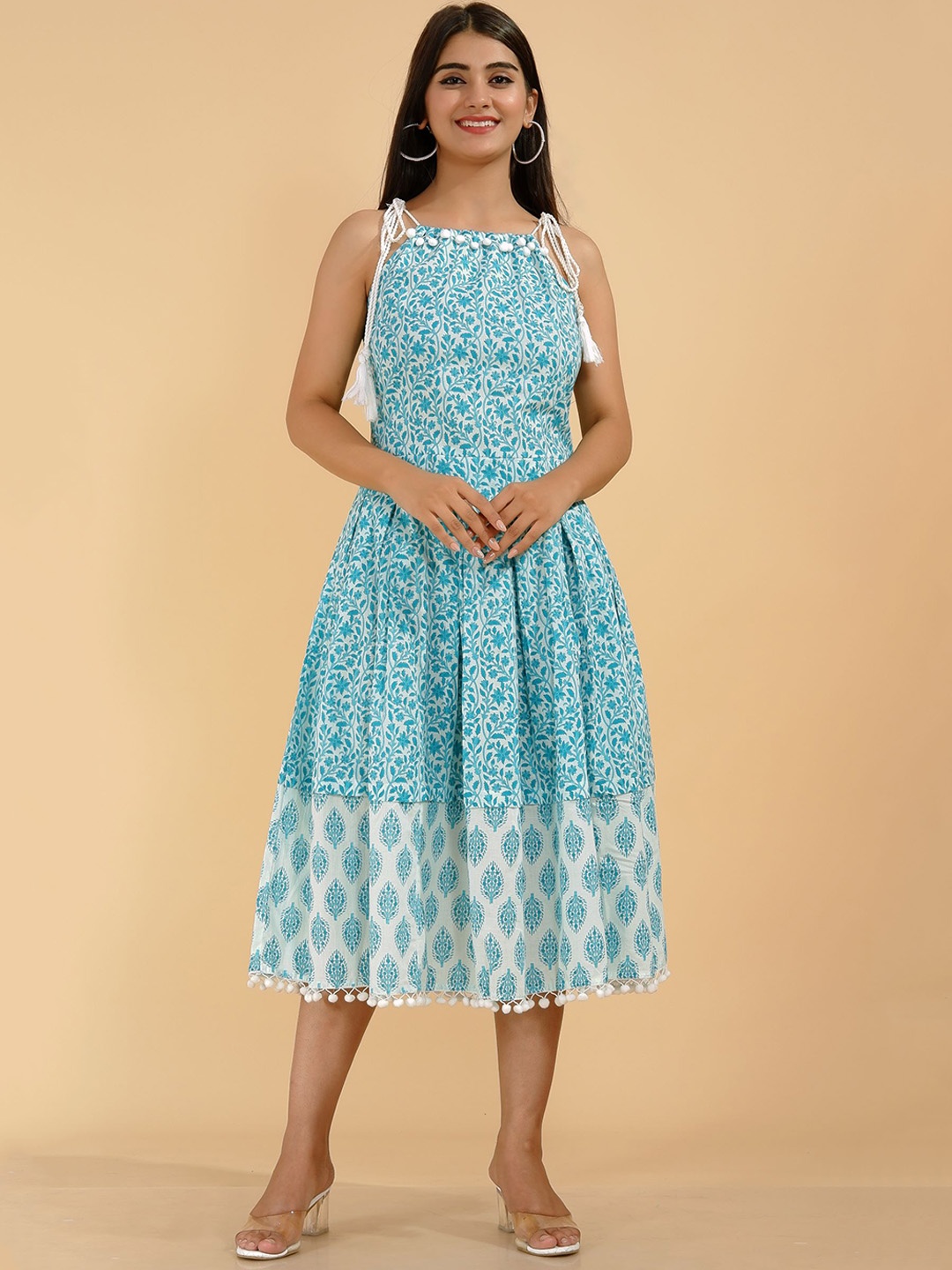 

DHRTI Women Blue & White Printed Cotton Midi Dress