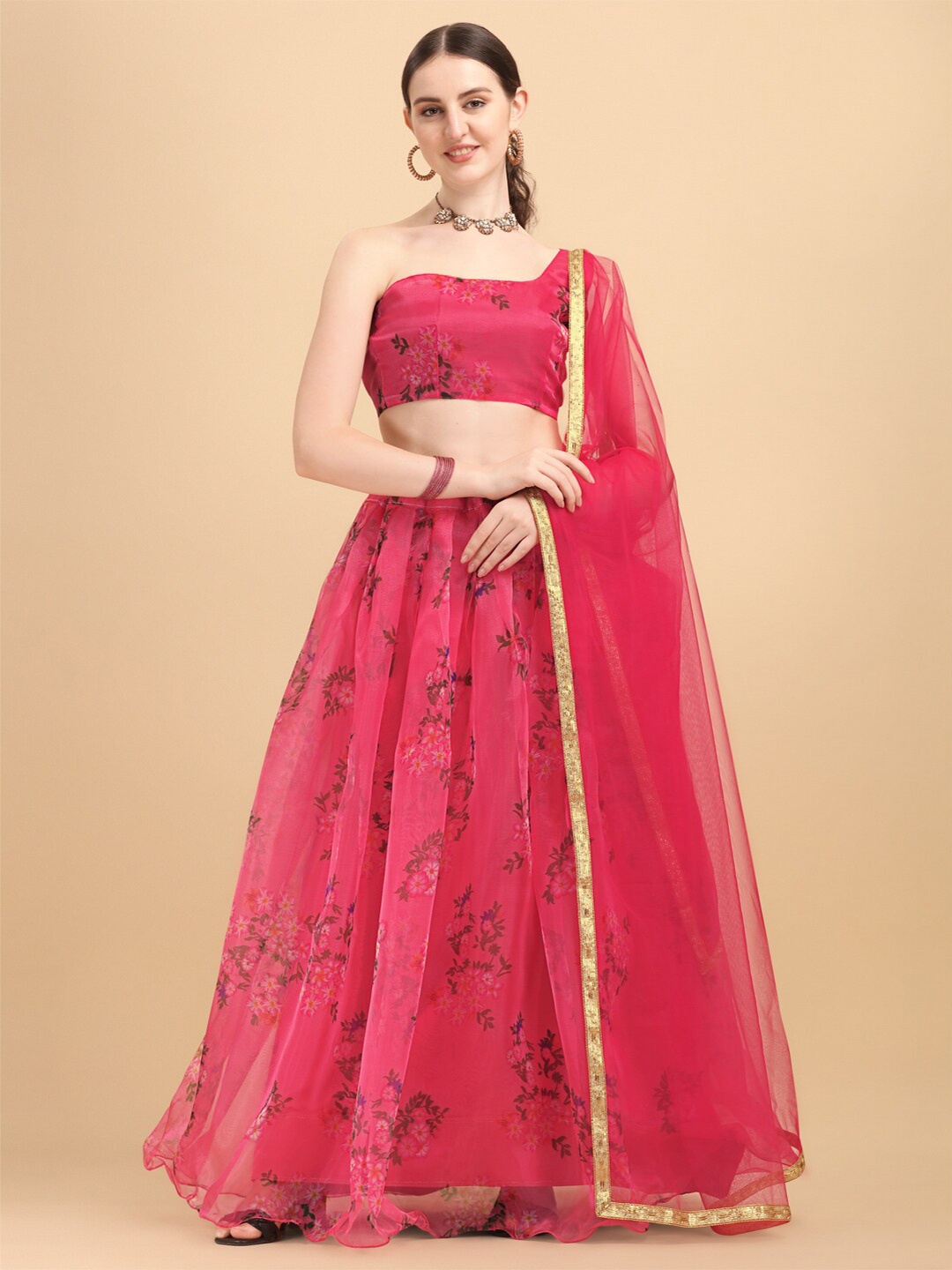 

Amrutam Fab Pink & Black Printed Semi-Stitched Lehenga & Unstitched Blouse With Dupatta