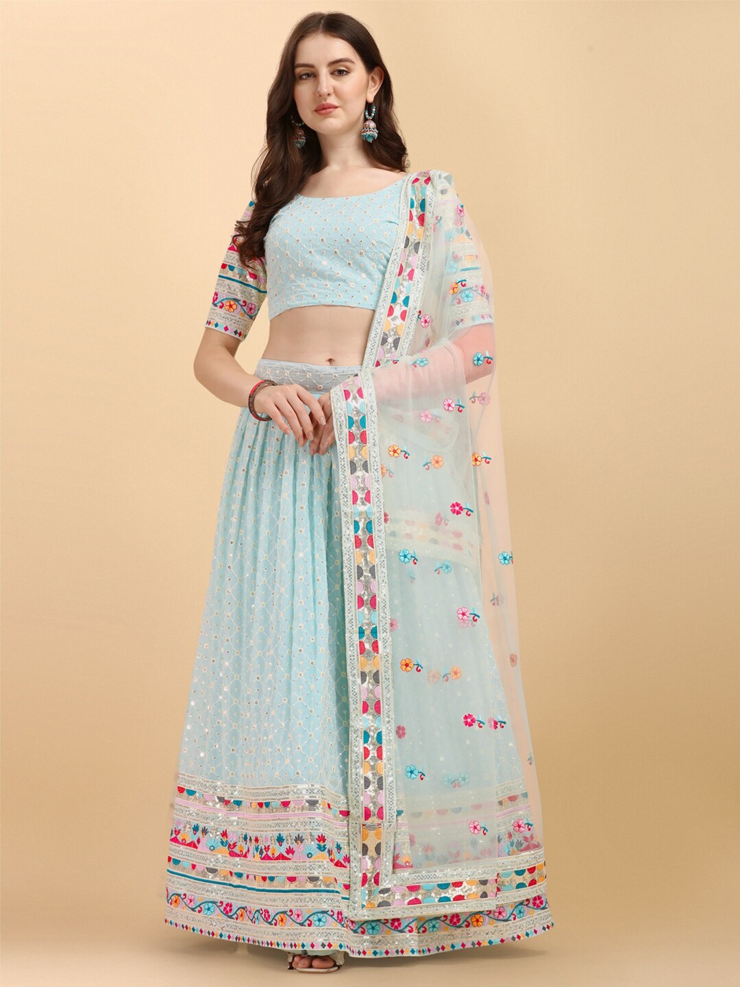 

Amrutam Fab Blue & Red Embroidered Semi-Stitched Lehenga & Unstitched Blouse With Dupatta