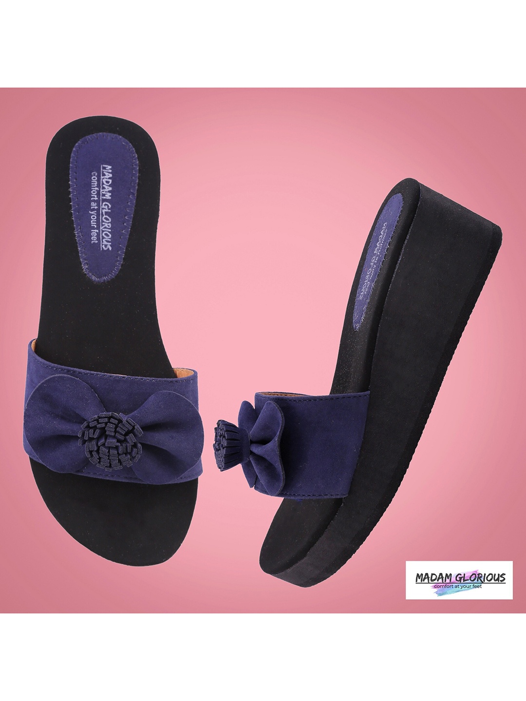 

madam glorious Blue Wedge Sandals with Bows
