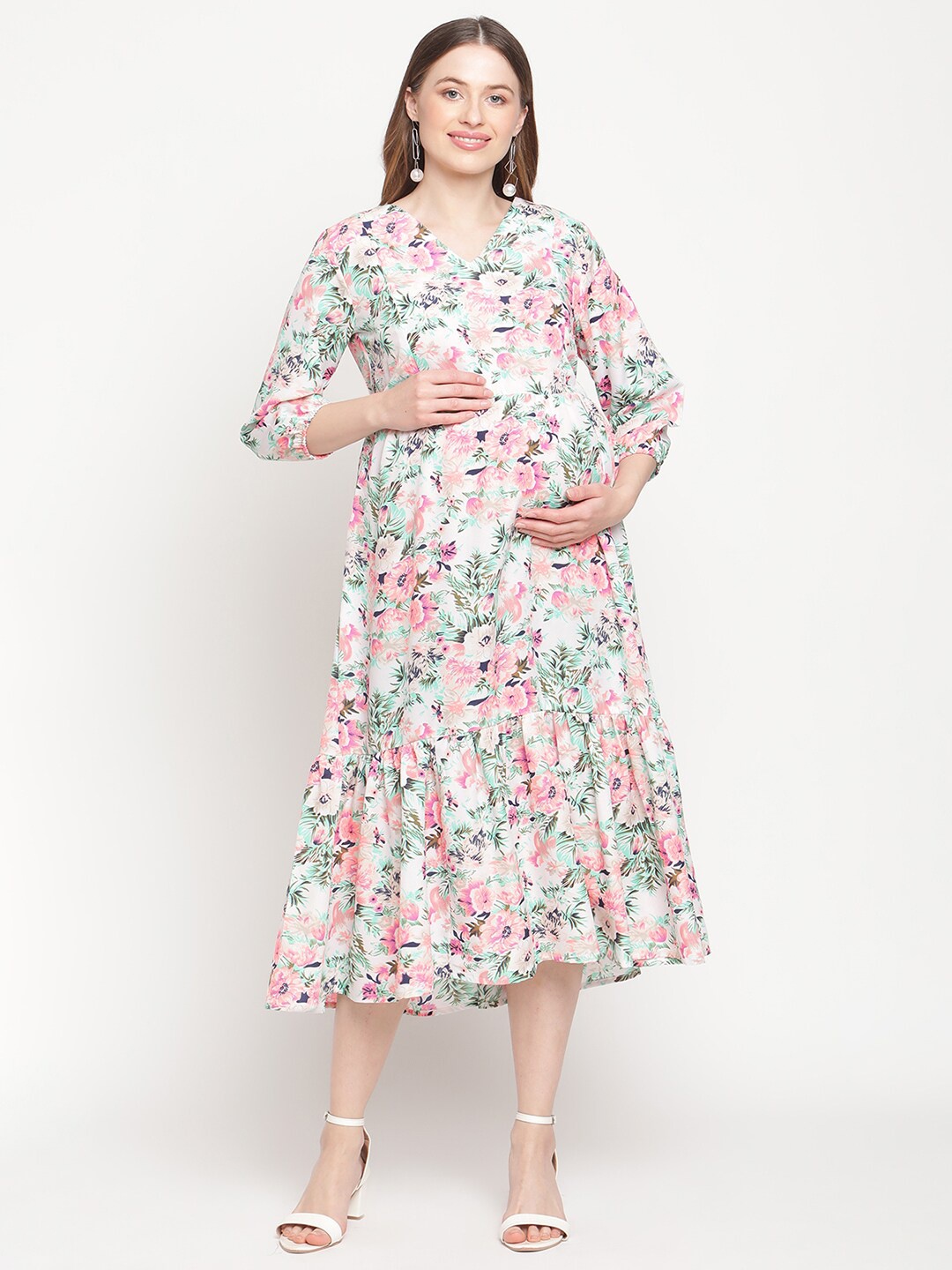 

Moms Maternity White & Pink Floral Crepe Midi Dress
