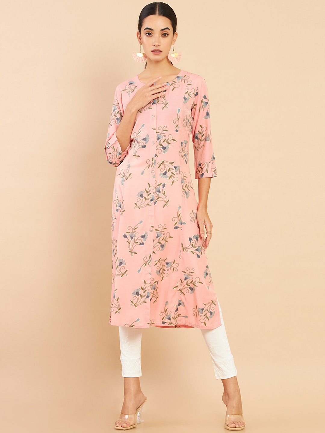 

Soch Women Pink Floral Printed Crepe Kurta