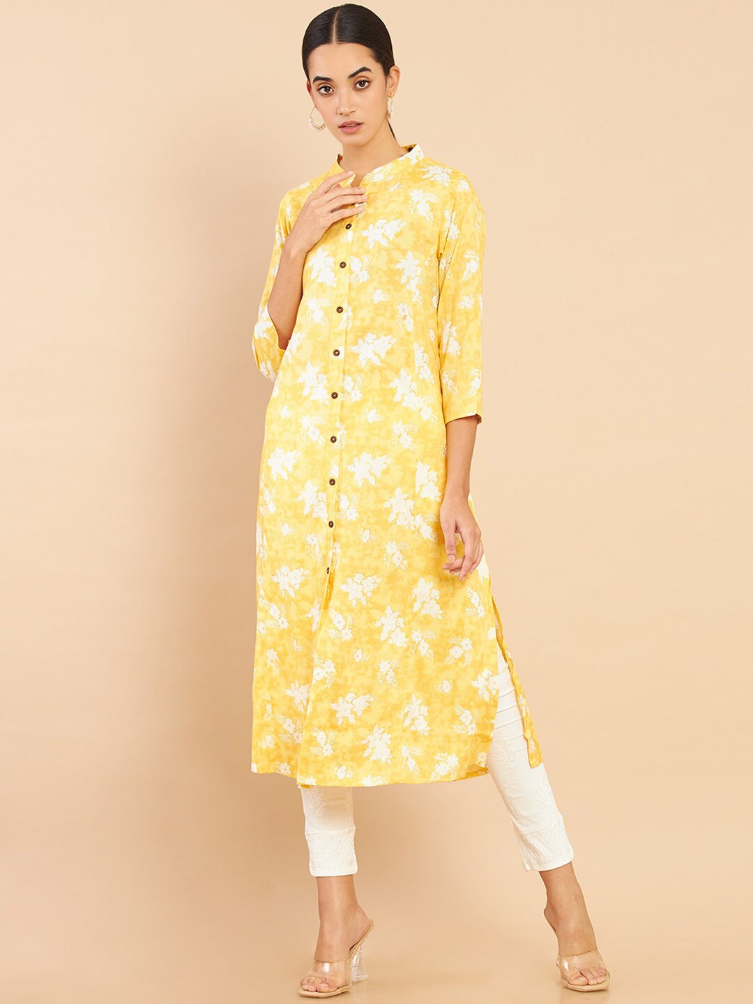 

Soch Women Mustard Yellow & White Floral Printed Kurta