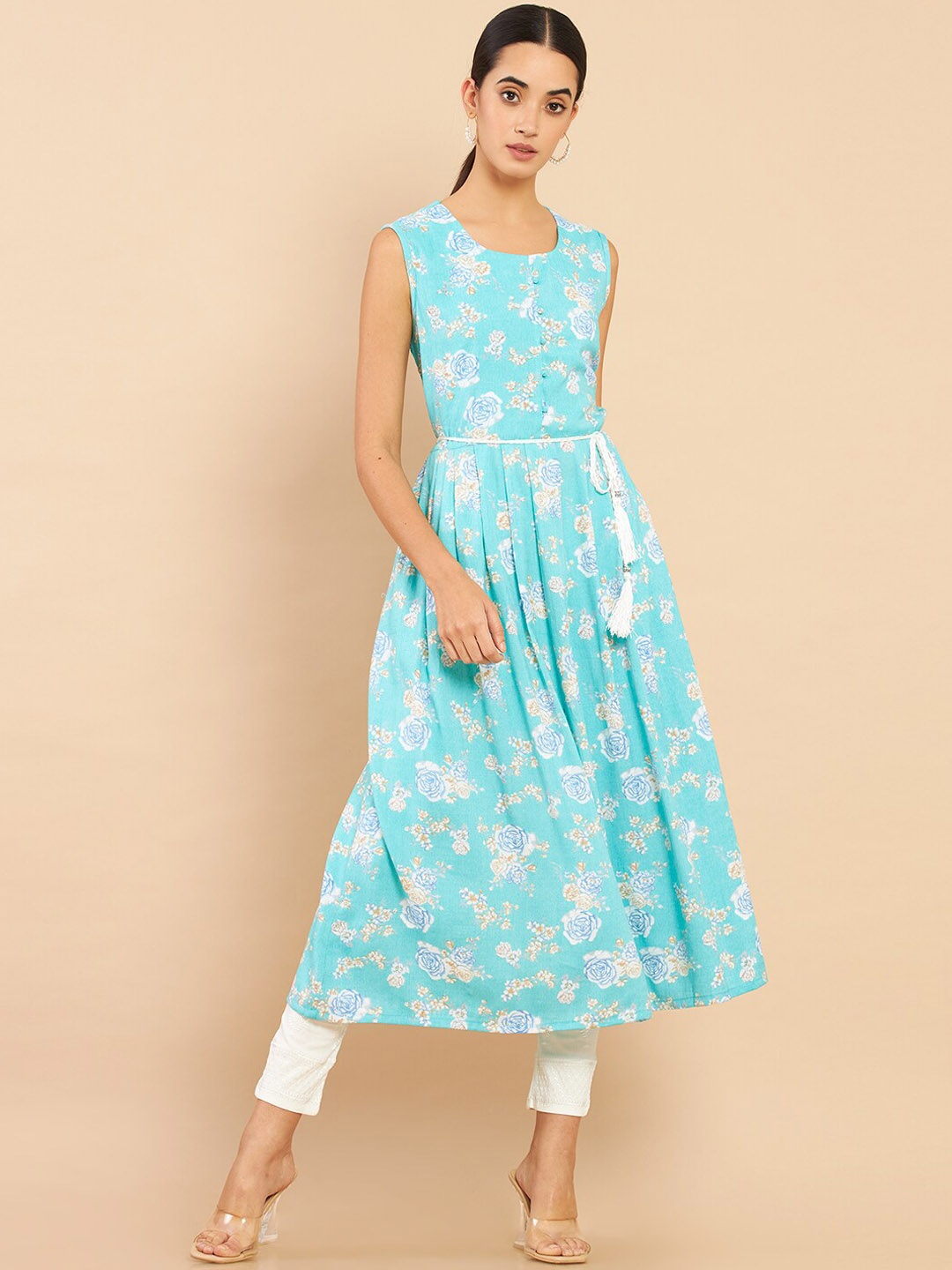 

Soch Women Turquoise Blue Floral Printed Anarkali Kurta