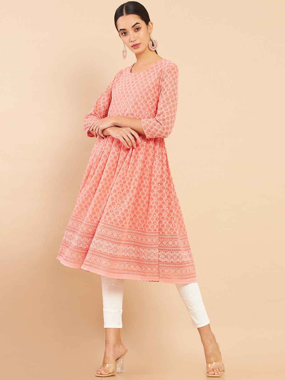 

Soch Women Peach-Coloured Ethnic Motif Georgette Anarkali Kurta