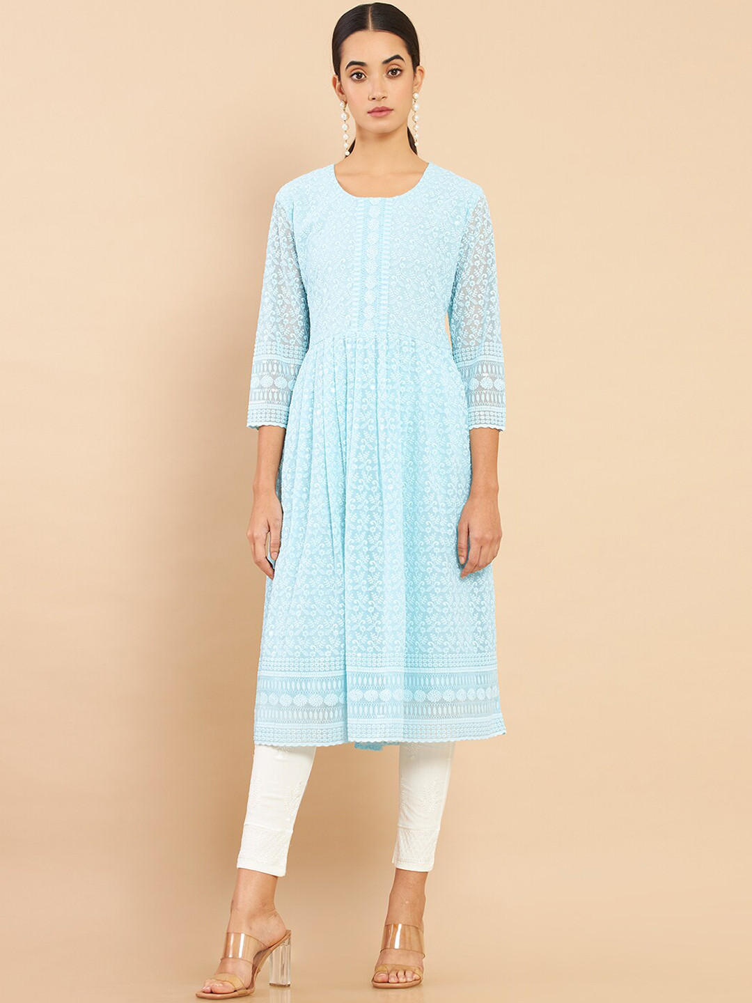 

Soch Women Blue Floral Embroidered Georgette Kurta