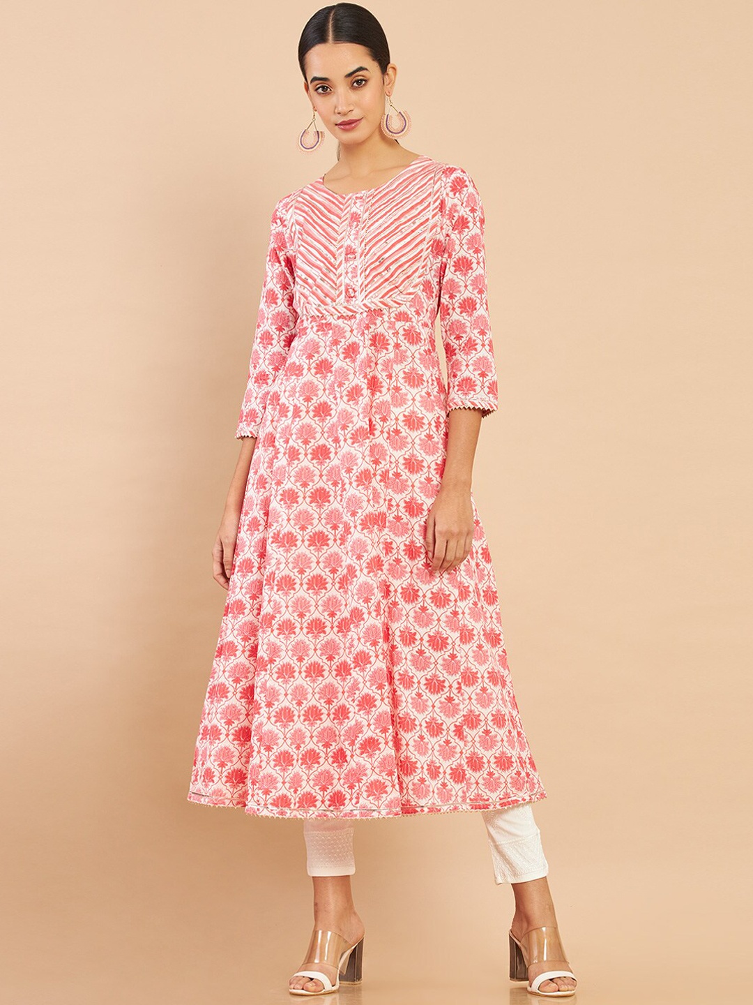 

Soch Women Pink & Off White Floral Printed Gotta Patti Anarkali Kurta