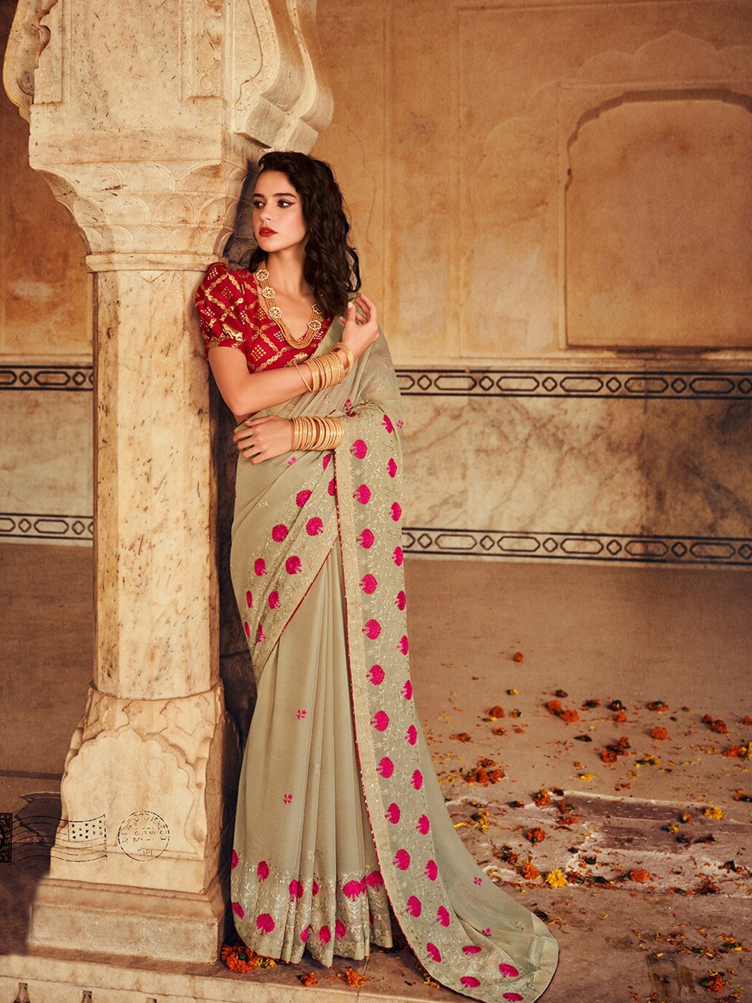 

Shaily Beige & Pink Floral Embroidered Pure Chiffon Saree