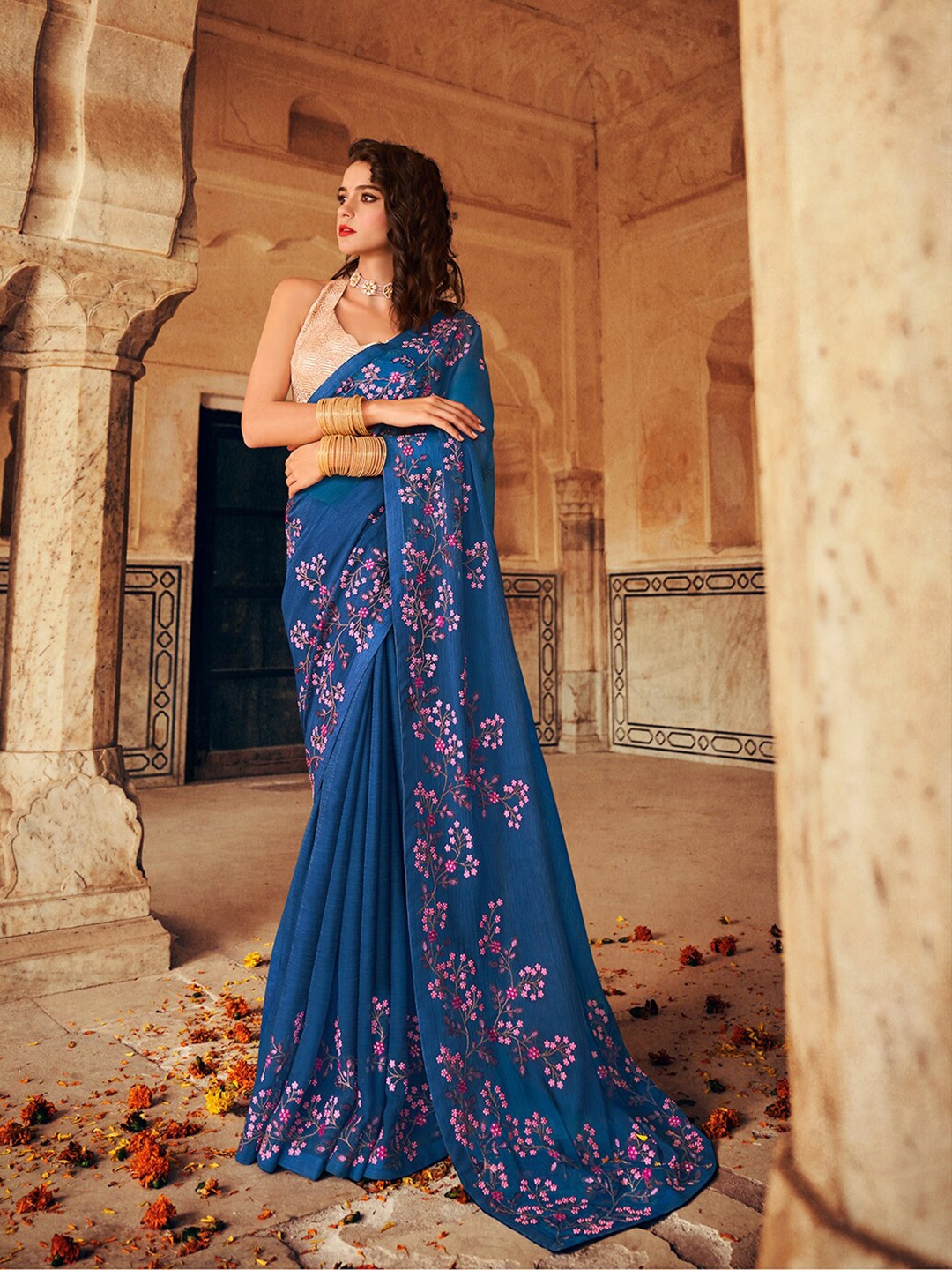 

Shaily Blue & Pink Floral Embroidered Pure Chiffon Saree