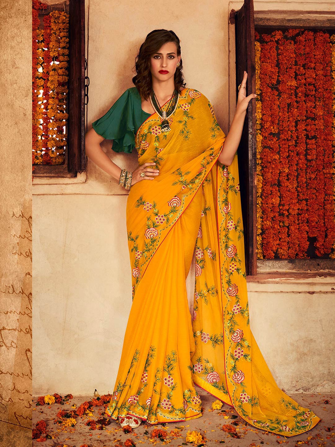 

Shaily Yellow & Green Embellished Embroidered Pure Chiffon Saree