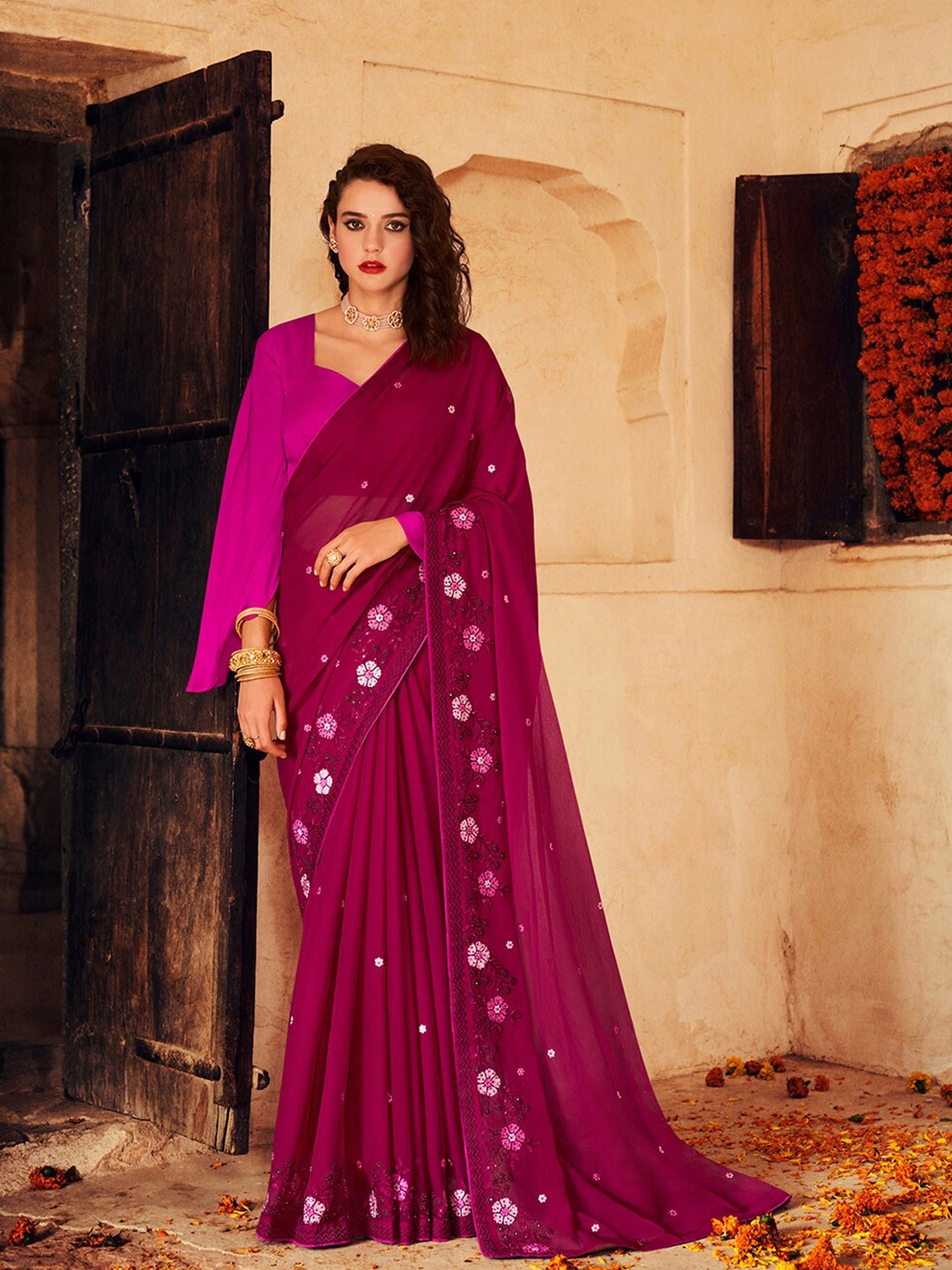 

Shaily Magenta & Pink Floral Embroidered Pure Chiffon Saree