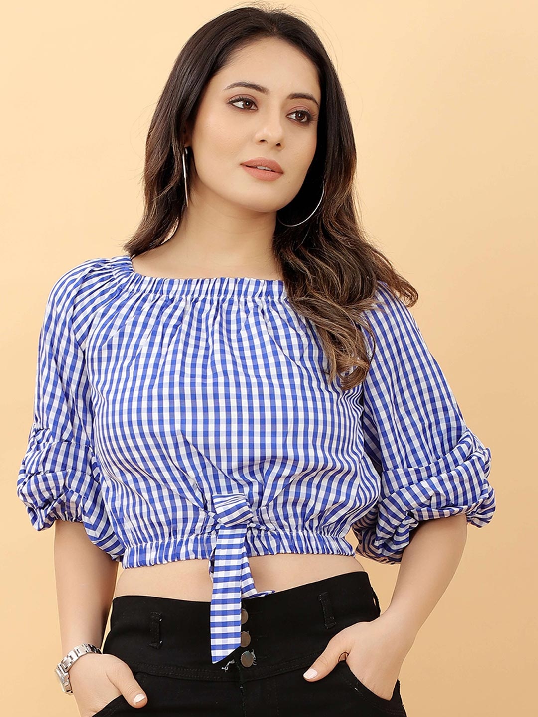 

RACHNA Blue Checked Crepe Blouson Crop Top