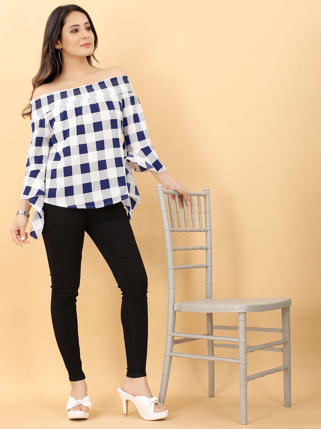 

RACHNA White & Navy Blue Checked Off-Shoulder Crepe Bardot Top