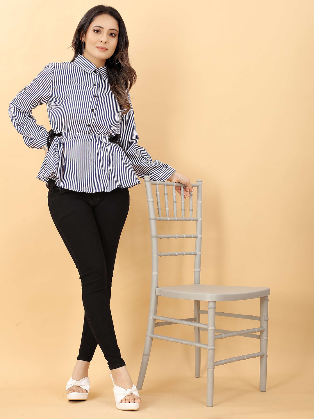

RACHNA Grey & Black Striped Crepe Shirt Style Top