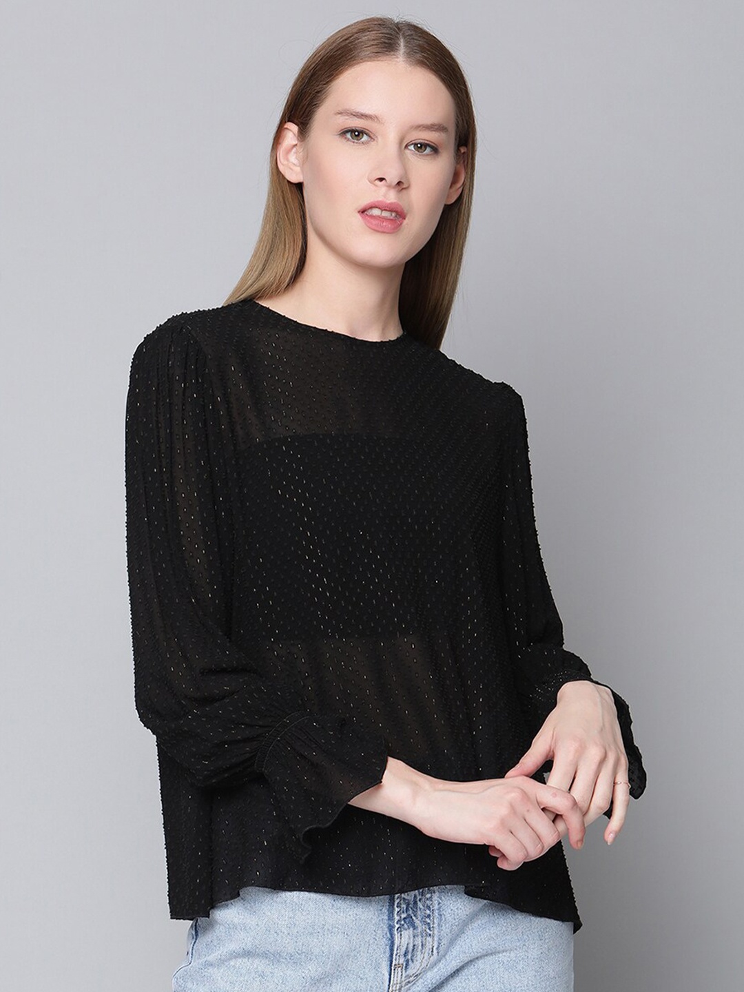 

GANT Women Black Self-Design Semi-Sheer Top