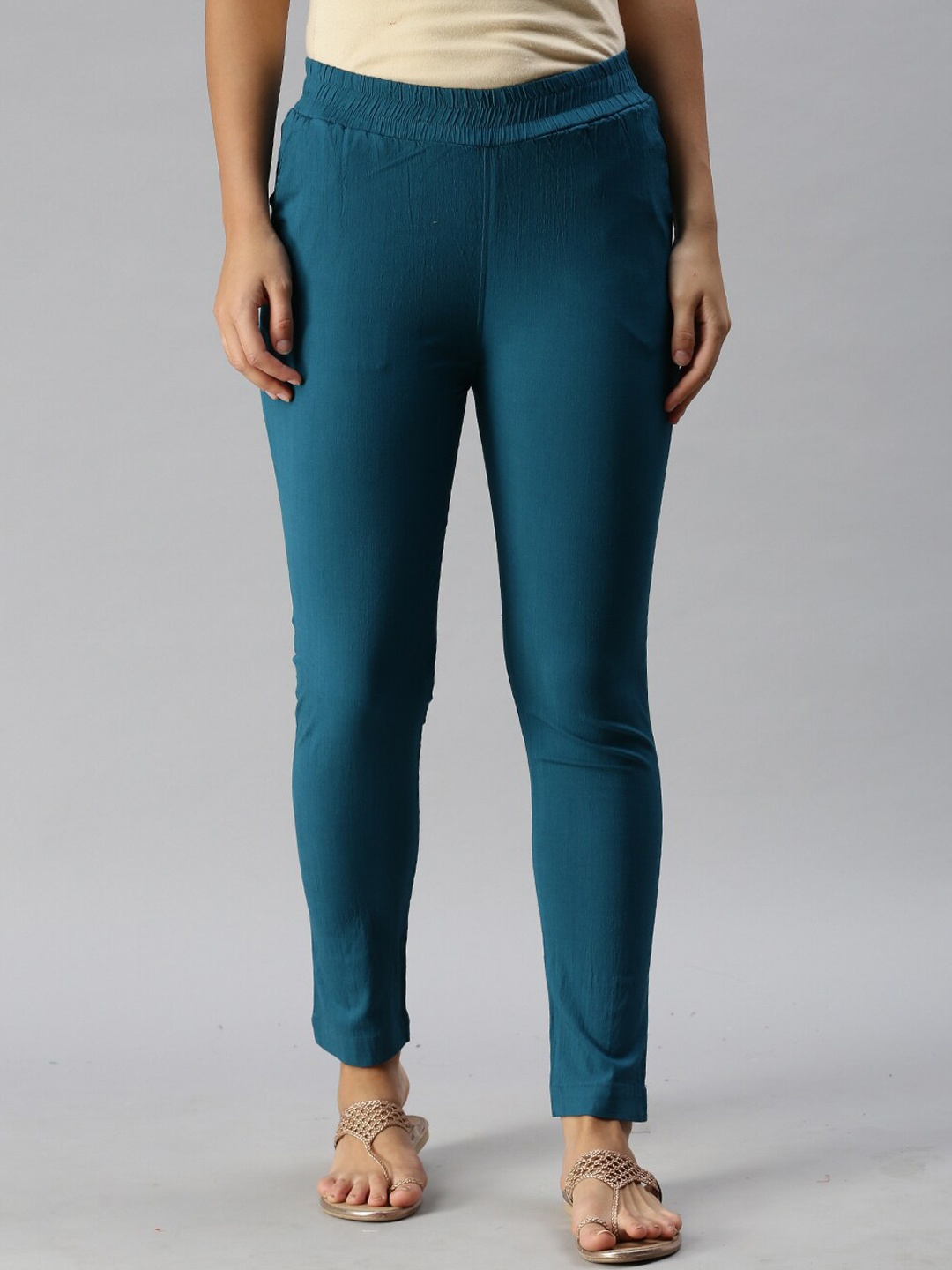 

Soch Women Turquoise Blue Slim Fit High-Rise Trousers