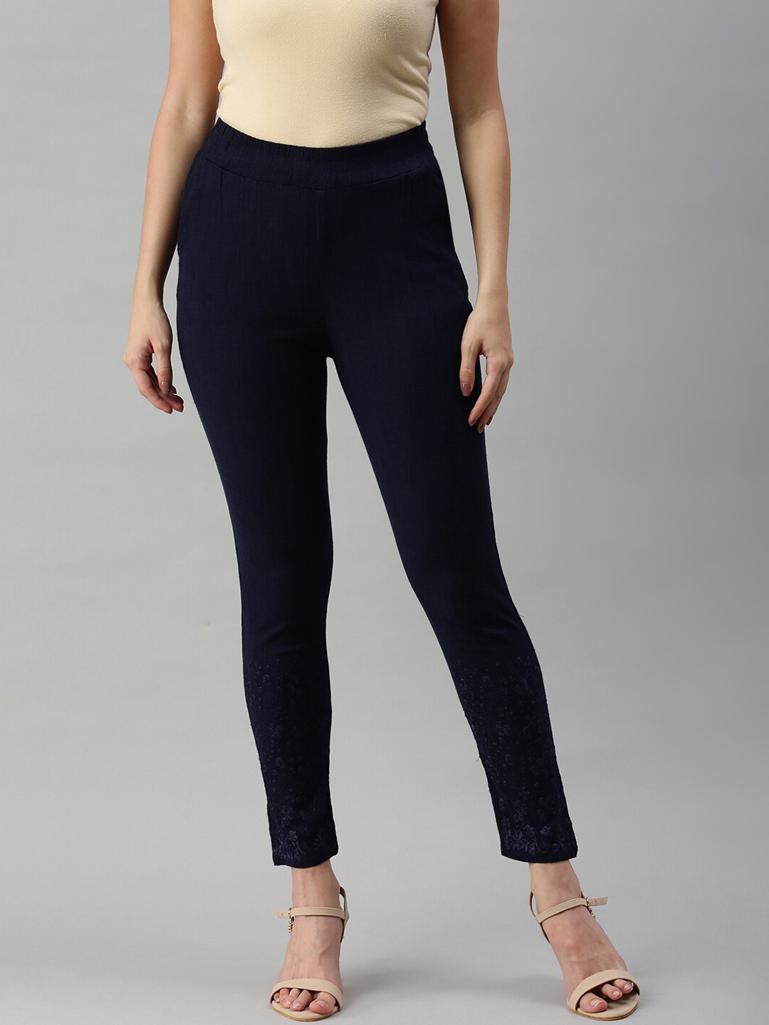 

Soch Women Navy Blue Slim Fit High-Rise Trousers