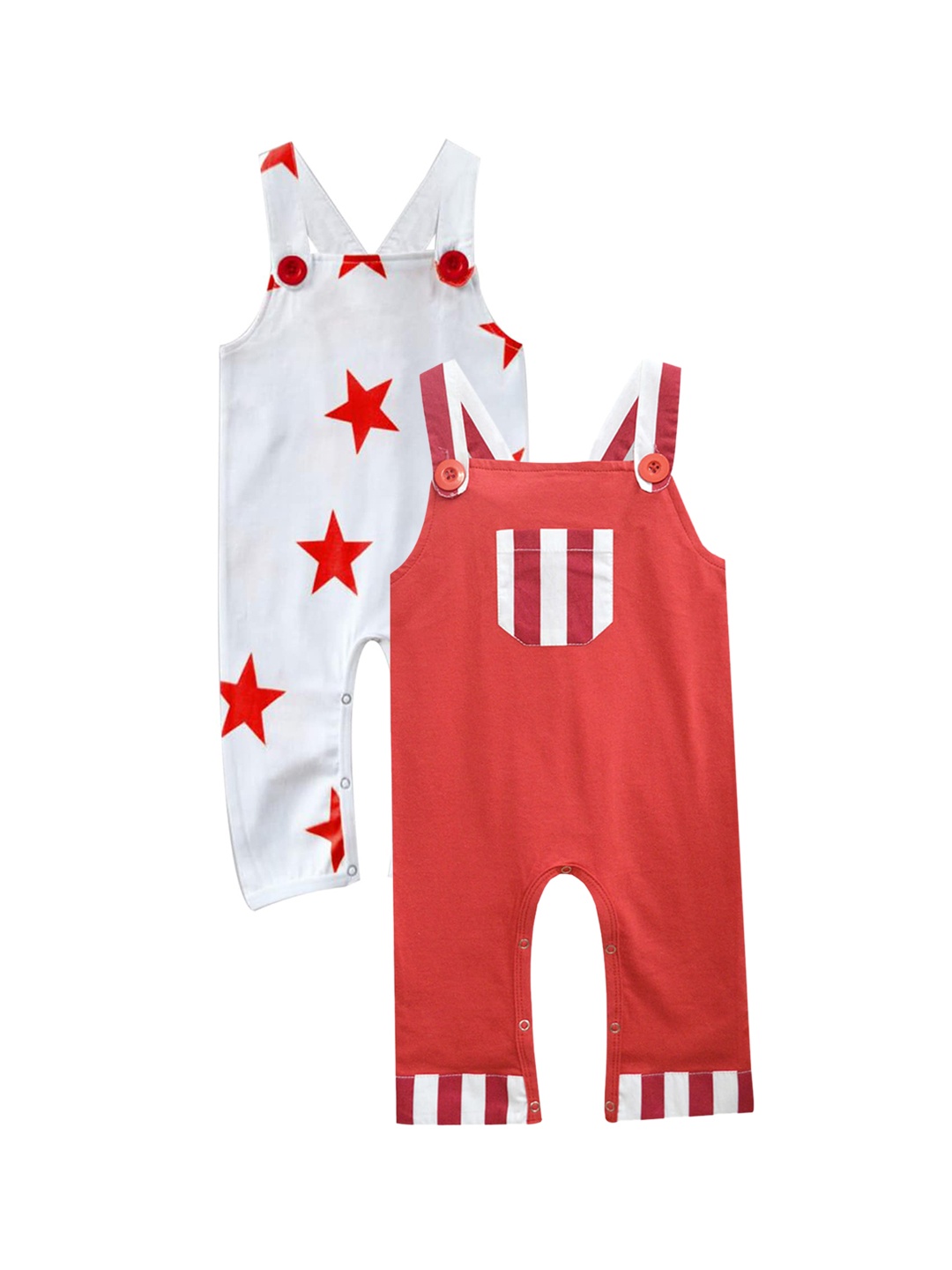 

A.T.U.N. Infant Kids Pack Of 2 Red & White Printed Pure Cotton Dungarees