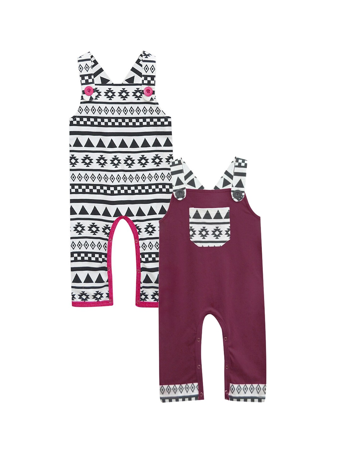 

A.T.U.N. Infant Pack Of 2 Wine Red & White Printed Pure Cotton Dungarees, Purple