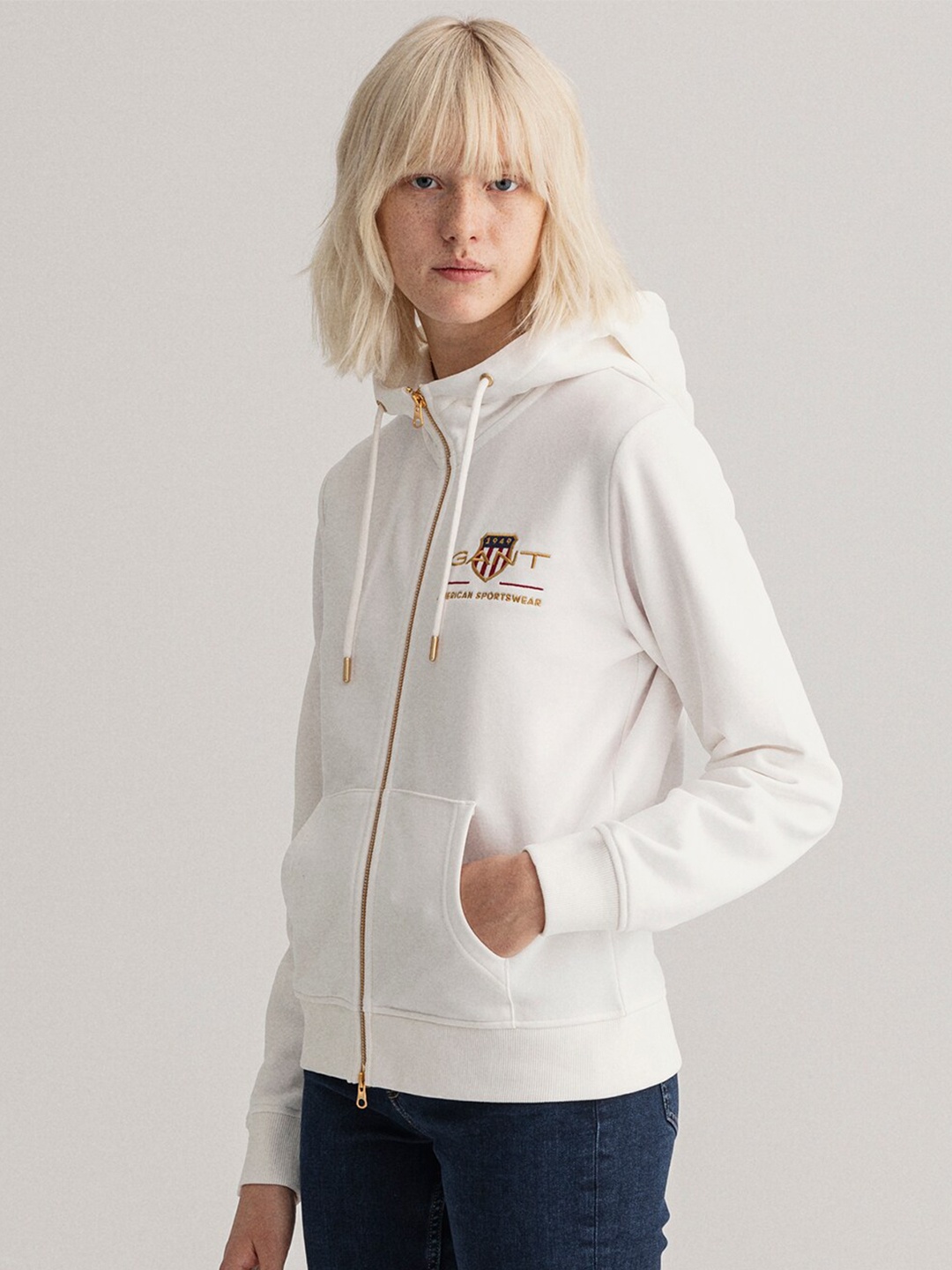 

GANT Women White Solid Hooded Sweatshirt