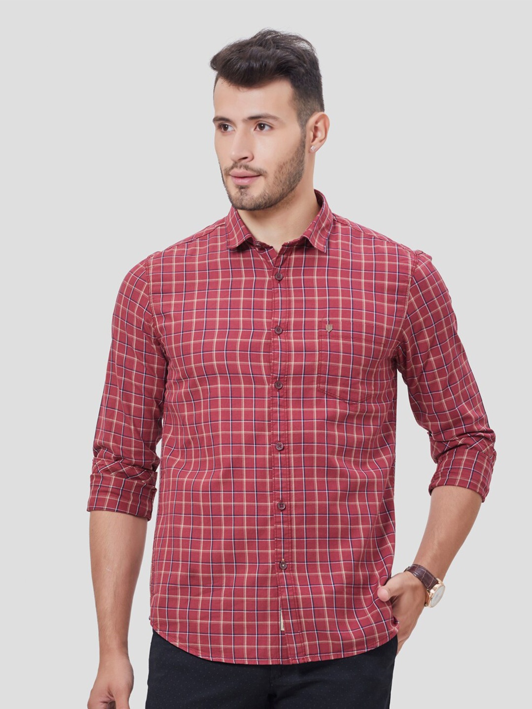 

Oxemberg Men Maroon Classic Slim Fit Grid Tattersall Checks Checked Casual Shirt