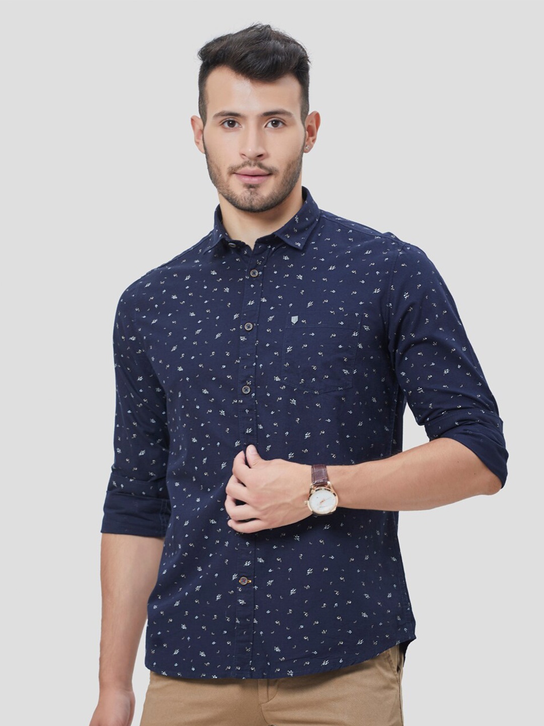 

Oxemberg Men Navy Blue Classic Slim Fit Printed Casual Shirt