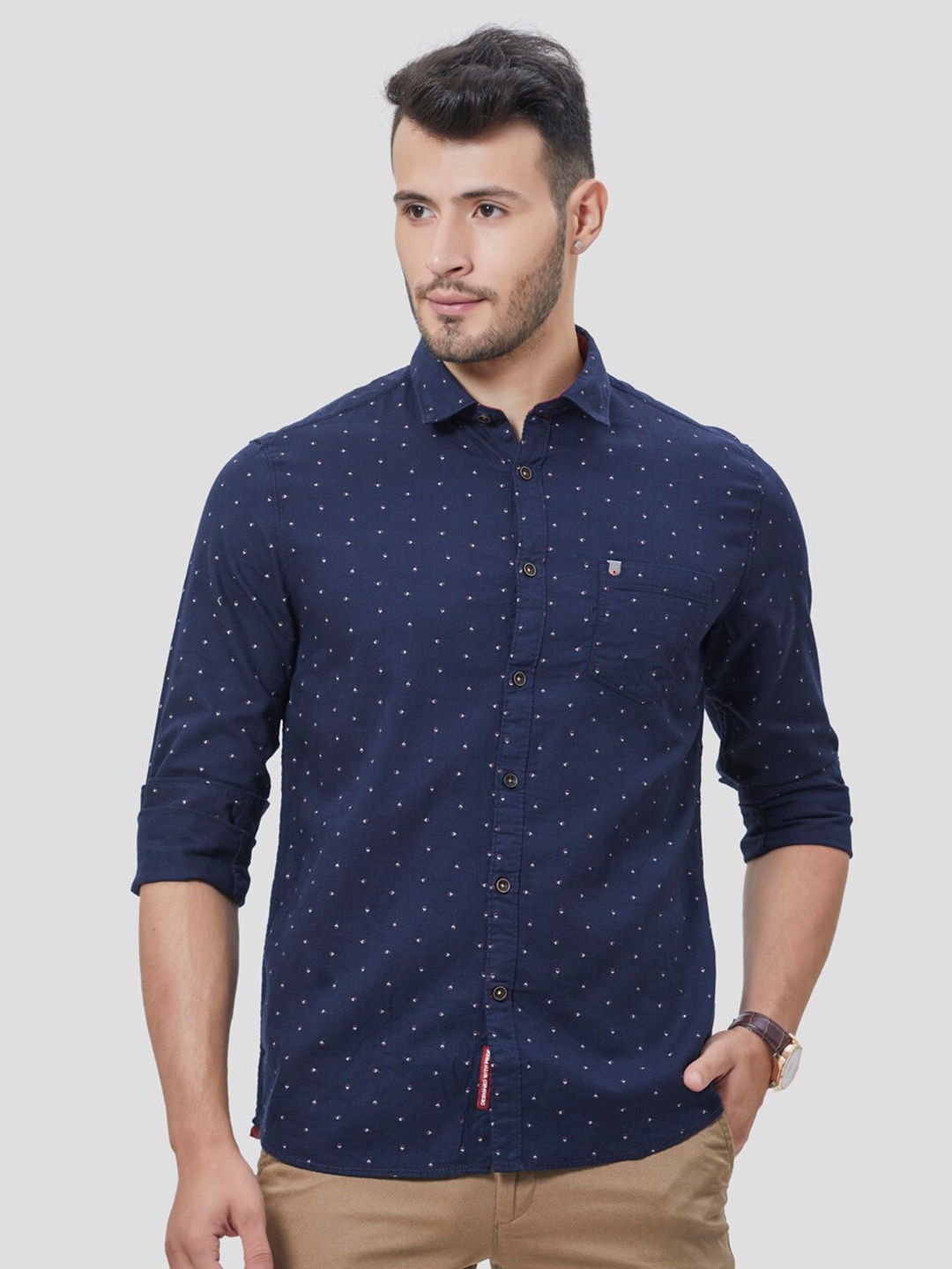 

Oxemberg Men Navy Blue Classic Slim Fit Printed Casual Shirt