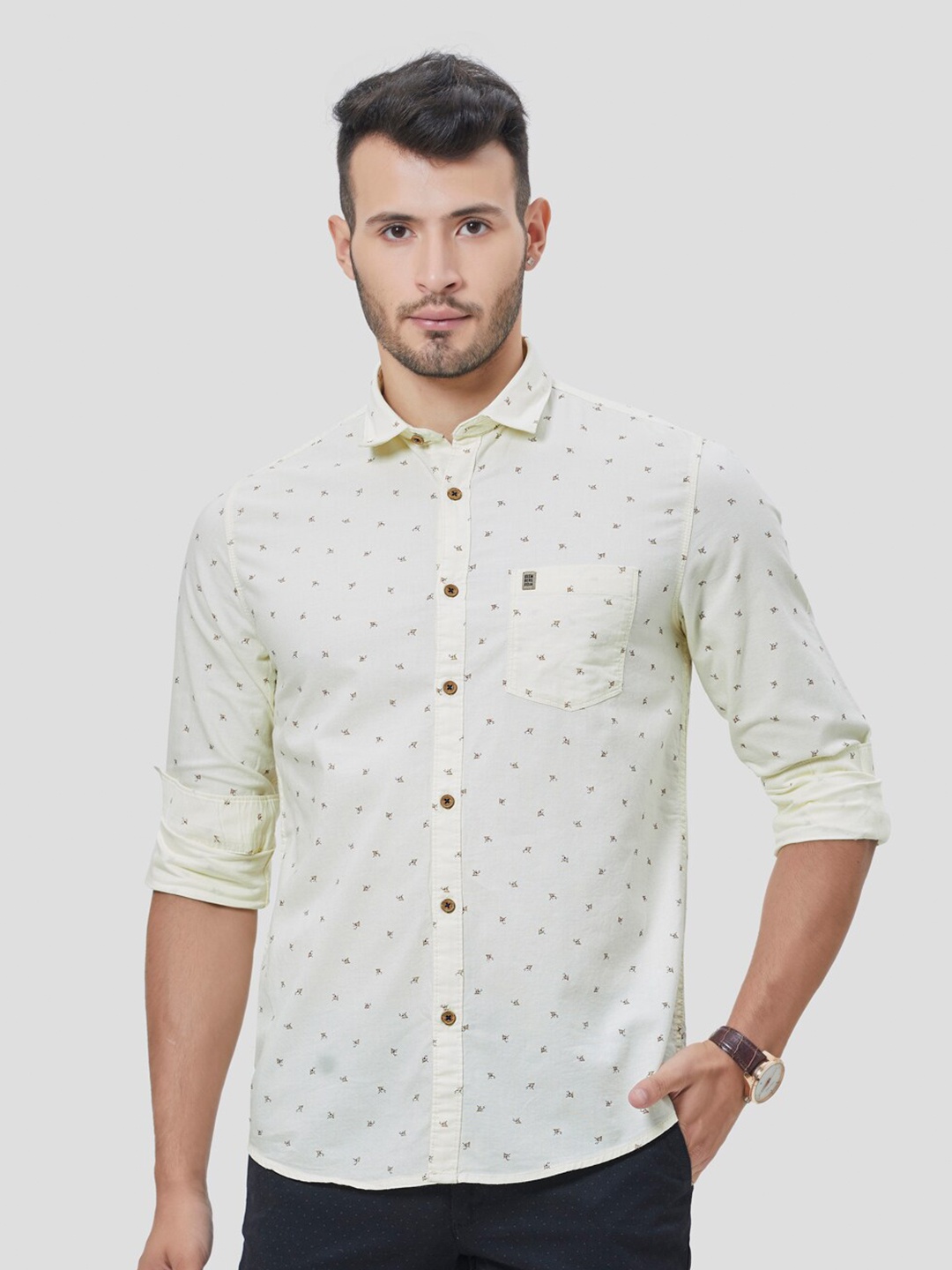 

Oxemberg Men Yellow Classic Slim Fit Printed Casual Shirt