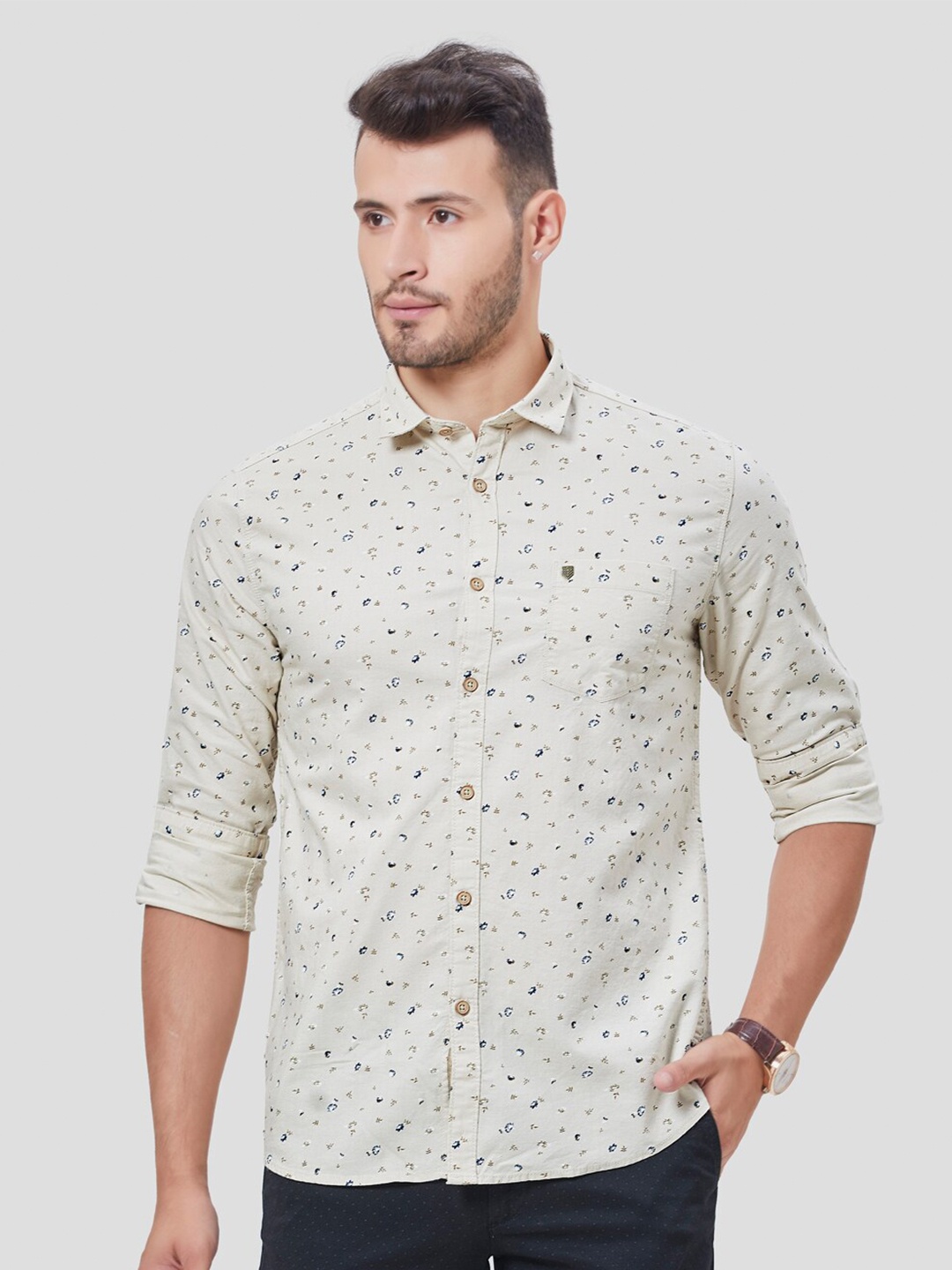 

Oxemberg Men Beige Classic Slim Fit Printed Casual Shirt