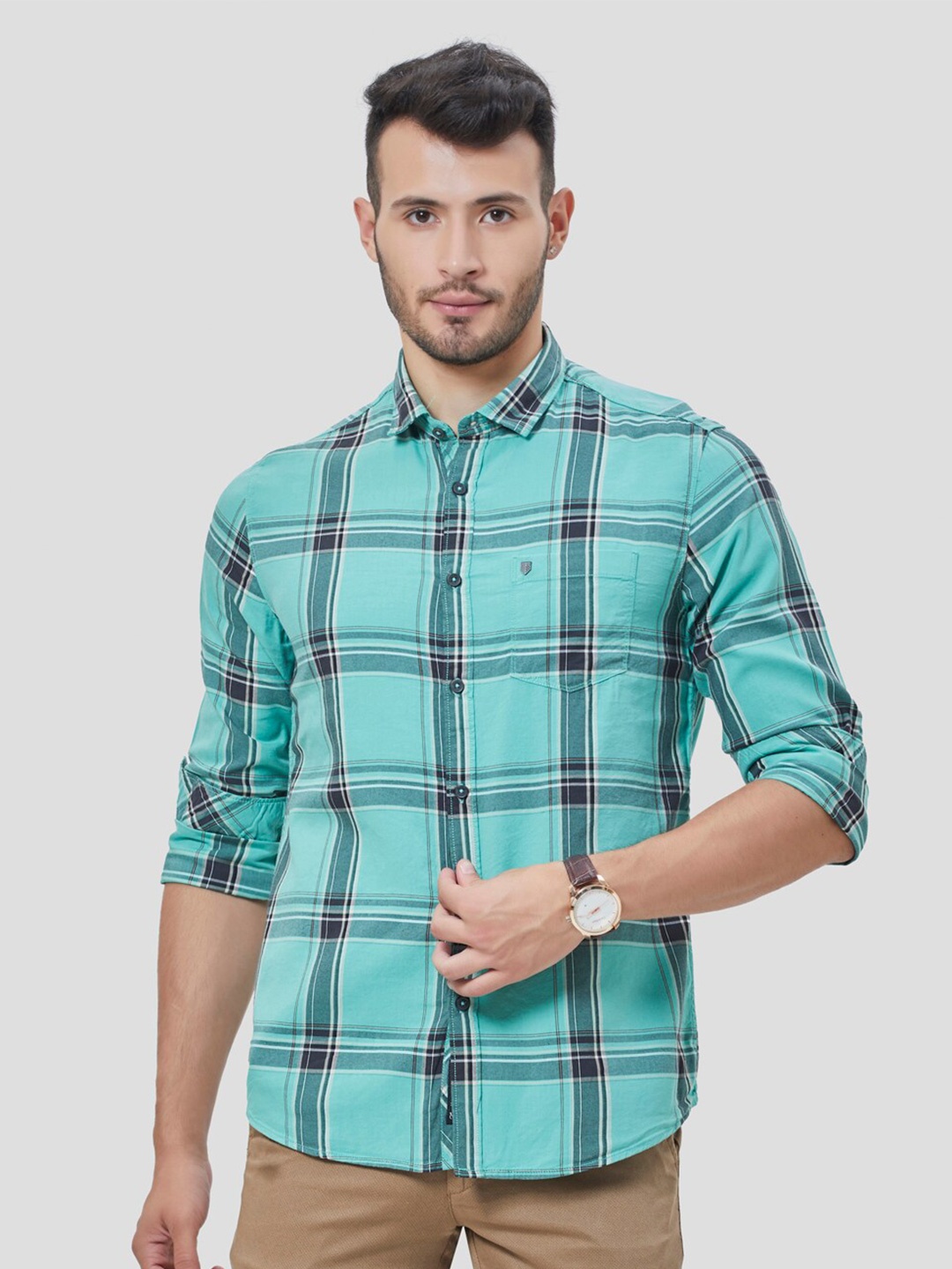 

Oxemberg Men Green Classic Slim Fit Windowpane Checks Checked Casual Shirt