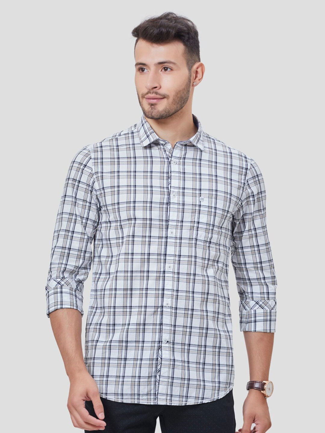 

Oxemberg Men White Slim Fit Grid Tattersall Checks Checked Casual Shirt